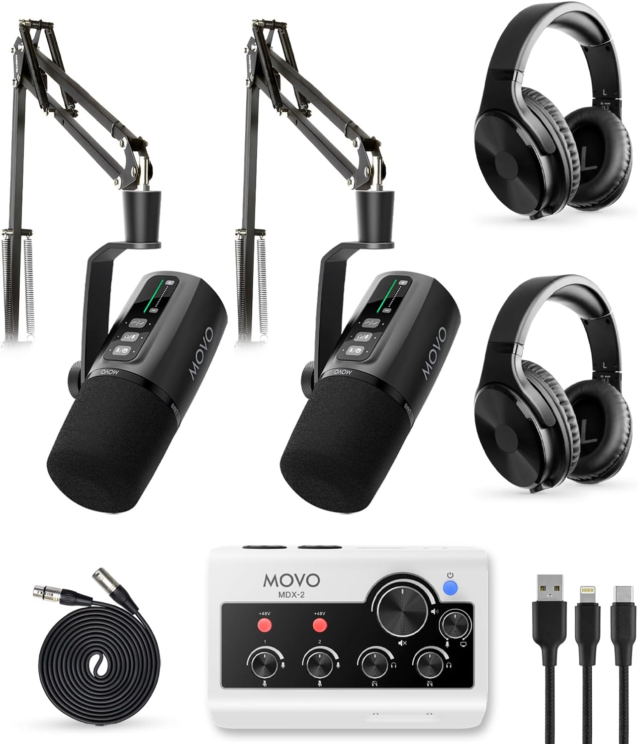 Movo Portable Podcast Equipment Bundle for iPhone/Android Phones- Podcast Kit with Audio Interface, 2 UM6 Dynamic Mics, 2 Headphones, 2 Boom Arms - for Smartphones, Computers, PC and Mac