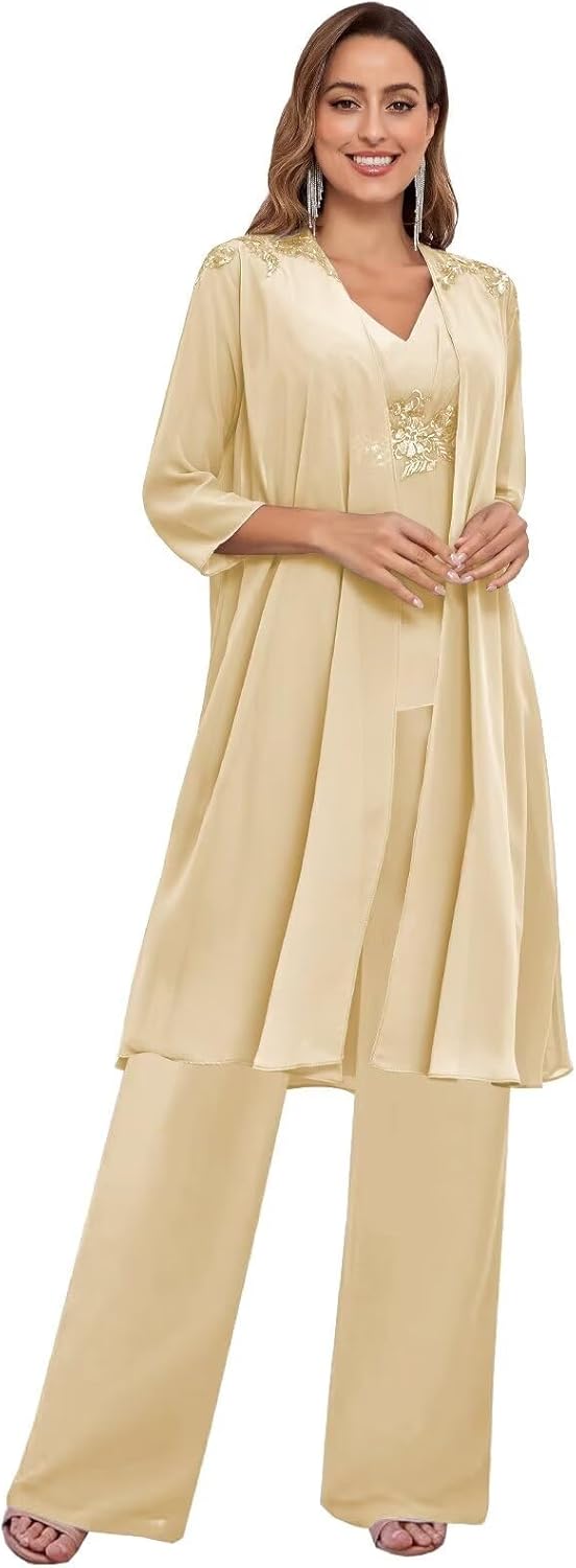 3 Pieces Mother of The Bride Pantsuits for Wedding - 3/4 Sleeve Chiffon V-Neck Formal Evening Pants Outfit
