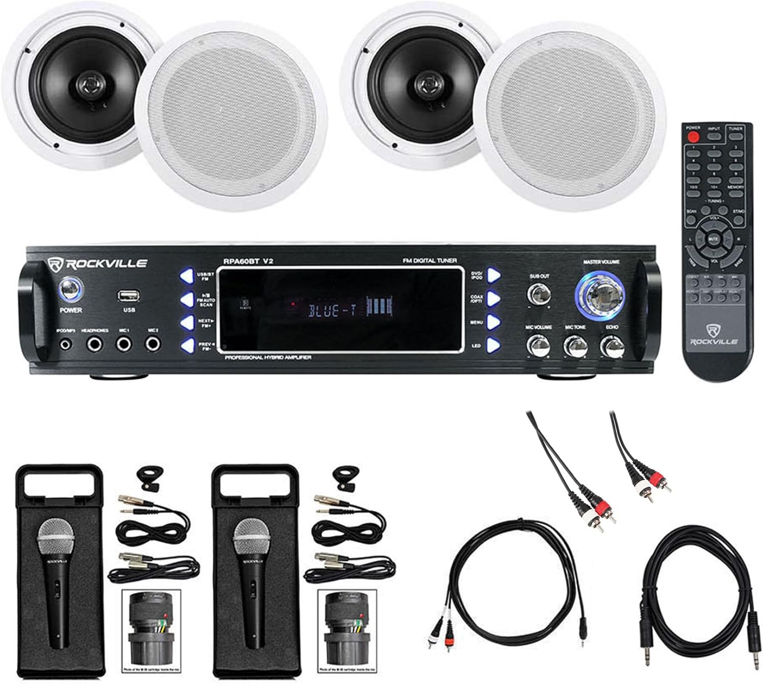 Rockville RPA6000USB Bundle: 19″ 1000W 2-Ch Bluetooth Karaoke Amp/Mixer, (2) Pair HC85 8″ in-Ceiling Speakers, RMC-XLR Microphones, RCDR10B RCA Cable, RNRMR10 TRS Cable, TS1224 Aux Cable, 8-Items