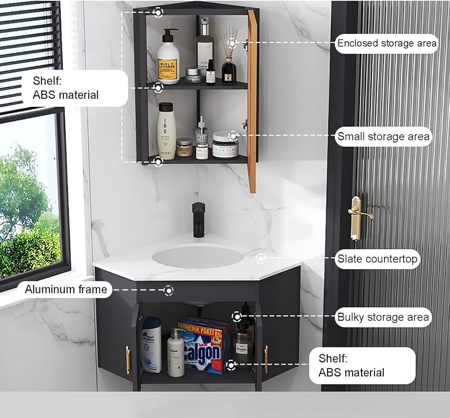 Small Corner Bathroom Vanity Cabinet with Sink and Mirror Cabinet, LED Mirror w/ Anti-fog, Wall Mounted Utility Washing Hand Basin Design, Laundry Tub Sink Combo for Home Kitchen Patio Room ( Size : S