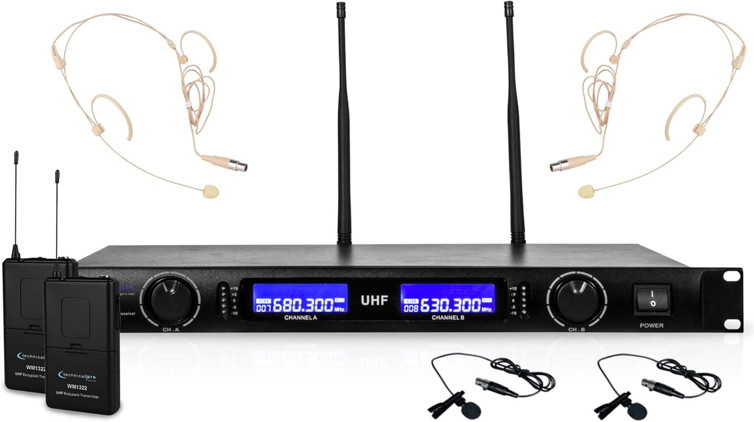Technical Pro Professional UHF Wireless Microphone Lapel & Headset System with Dual UHF Mics, Individual XLR, LCD Display, LED Meter, Mount Bracket, UHF High Band Frequency