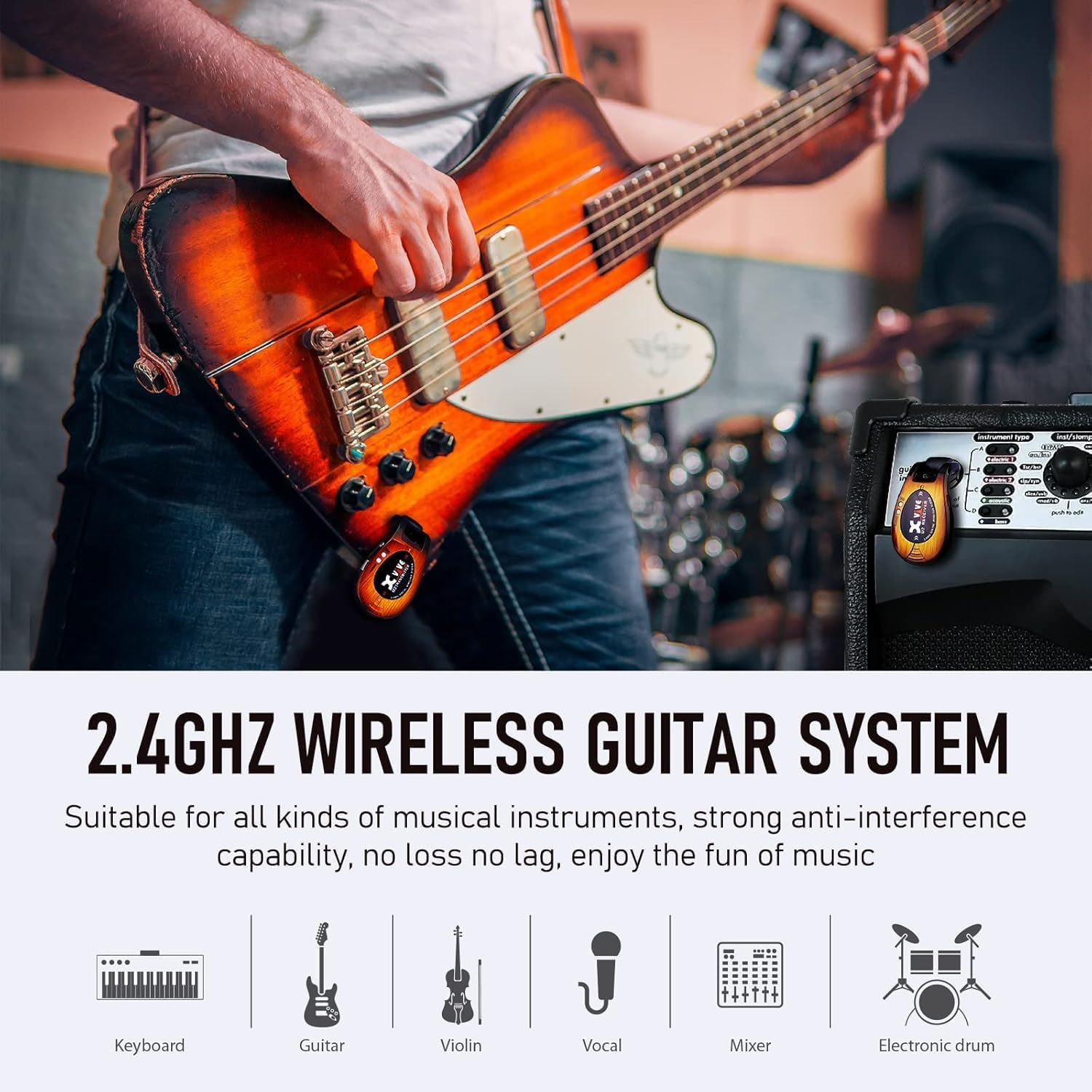 Xvive U2 Wireless Guitar System 3-tone Sunburst 2.4GHz Transmitter and Receiver for Electric Guitar Bass Violin Keyboard