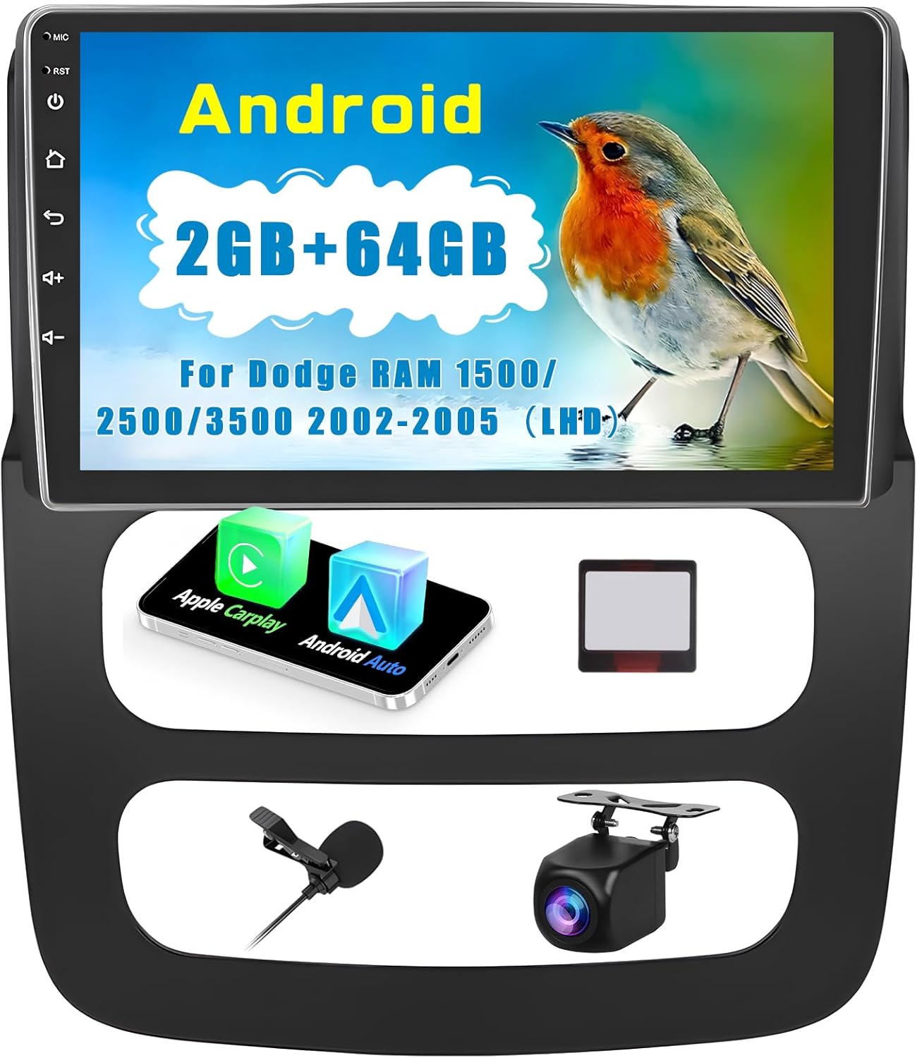 [2G+64G] Car Stereo for Dodge RAM 1500/2500/3500 2002-2005 with Wireless Carplay Android Auto, 9 Inch HD Touchscreen with WiFi GPS Bluetooth FM/RDS Radio SWC Backup Camera MIC