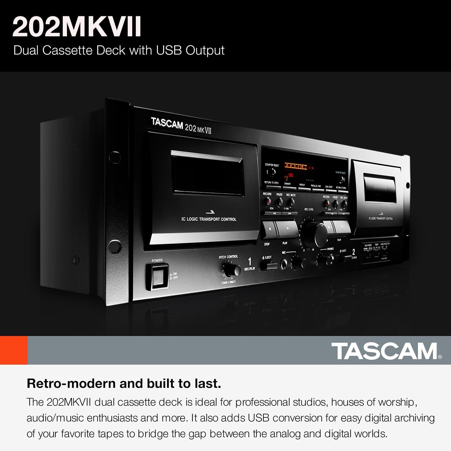 Tascam 202MKVII Double Cassette Deck Recorder with USB Port, Dual Cassette Deck
