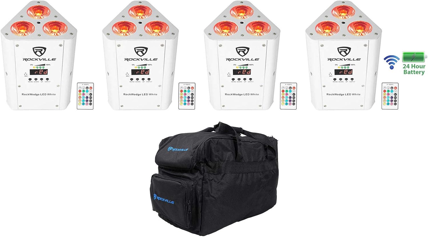 Rockville RockWedge LED Bundle: (4) RGBWA and UV Rechargeable Wireless DMX Par Up-Lights, RLB30 Lighting Bag for 4 fixtures and Controller, White, 5-Items