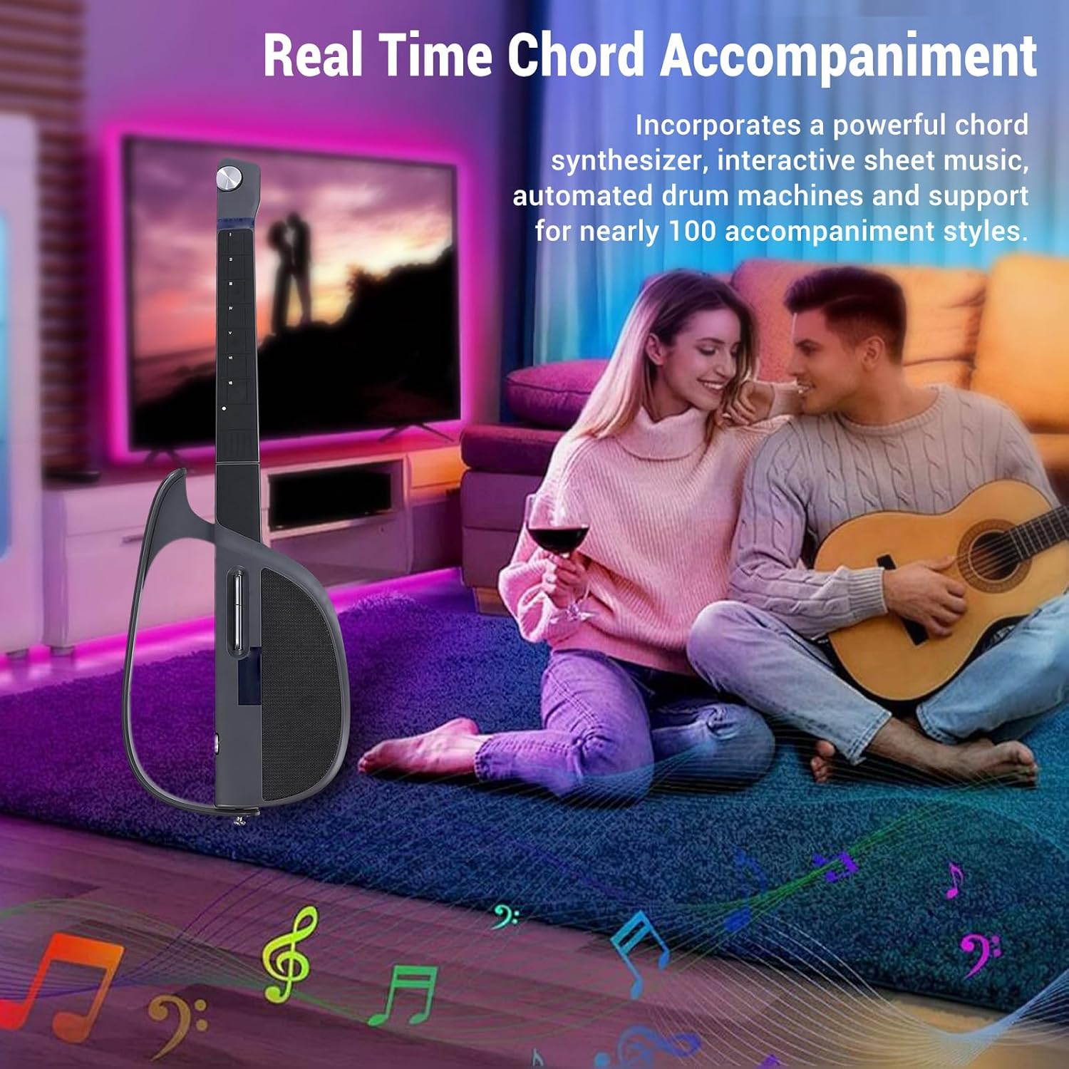 Smart Electric Guitar, Foldable Automatic Accompaniment Guitar, Stringless Electric Guitar with Earphone Jack, Playing and Singing One Person Band (Black Grey)