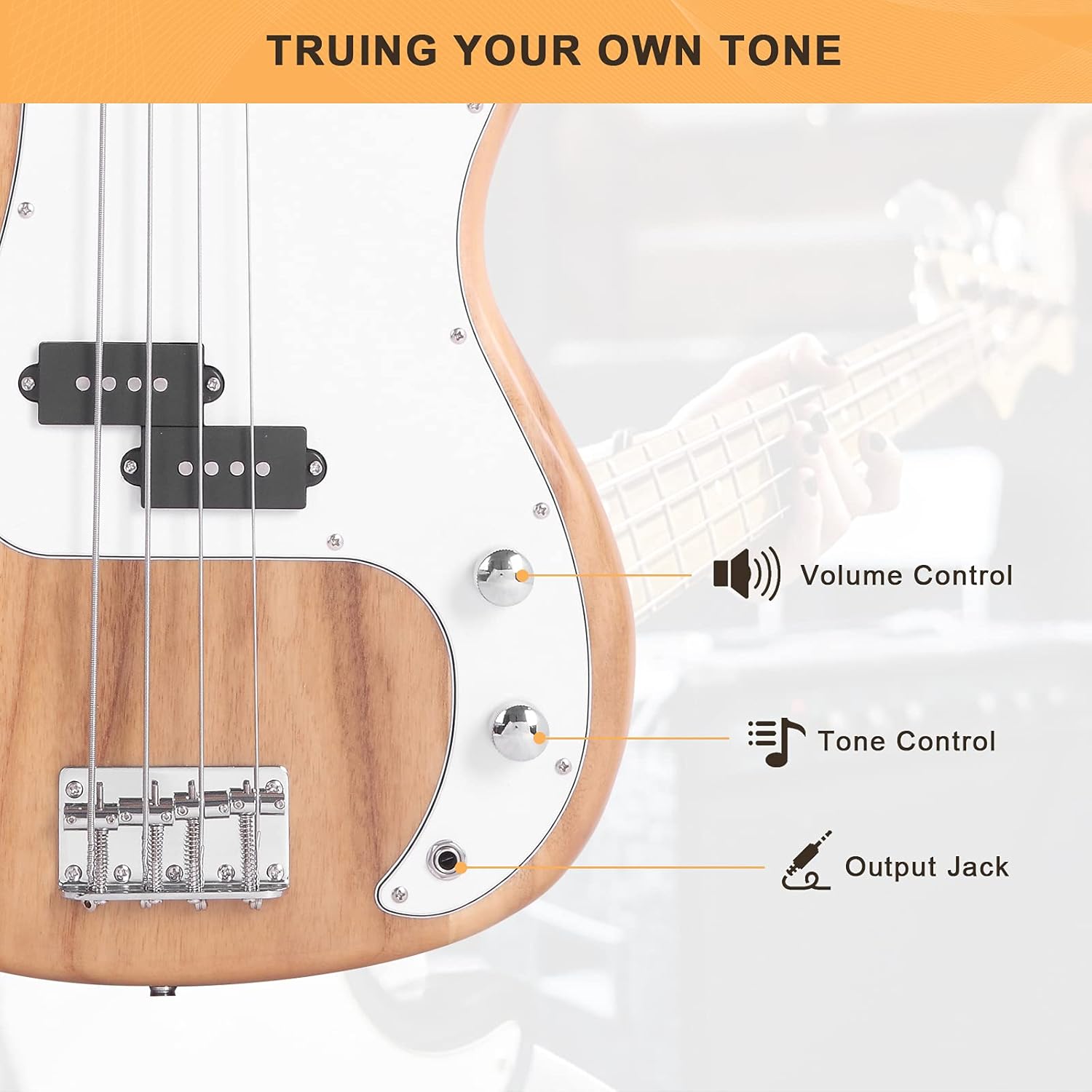 Glarry Electric Bass Guitar Full Size 4 String Rosewood Basswood Fire Style Exquisite Burning Bass(Burly Wood)