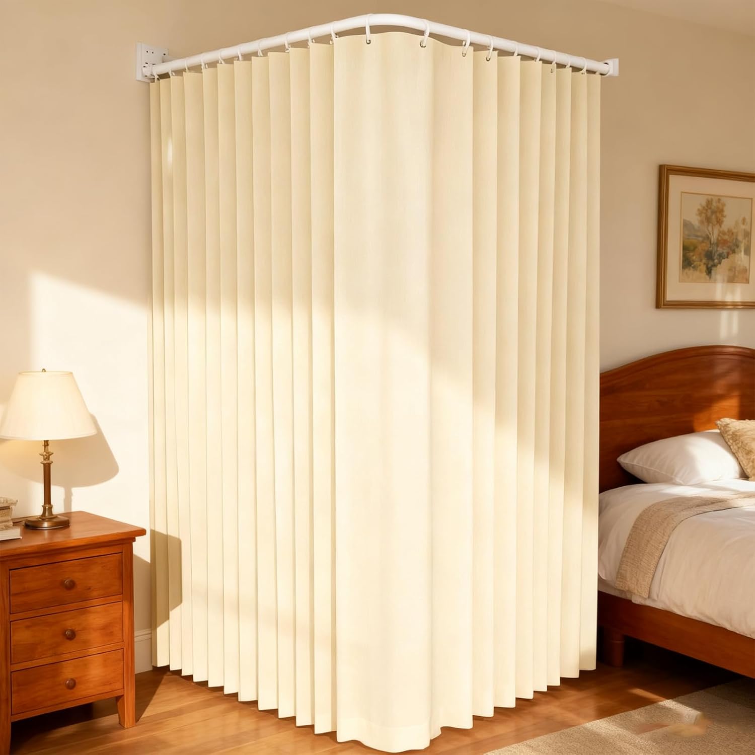 Folding Shower Curtain Rod Curtain Set,White Wall Mount Retractable Shower Curtain,Adjustable Angle, L/U Shaped Corner Shower Curtain Rod, No Drill, for Bathroom(5Fold78.7 * 78.7in)