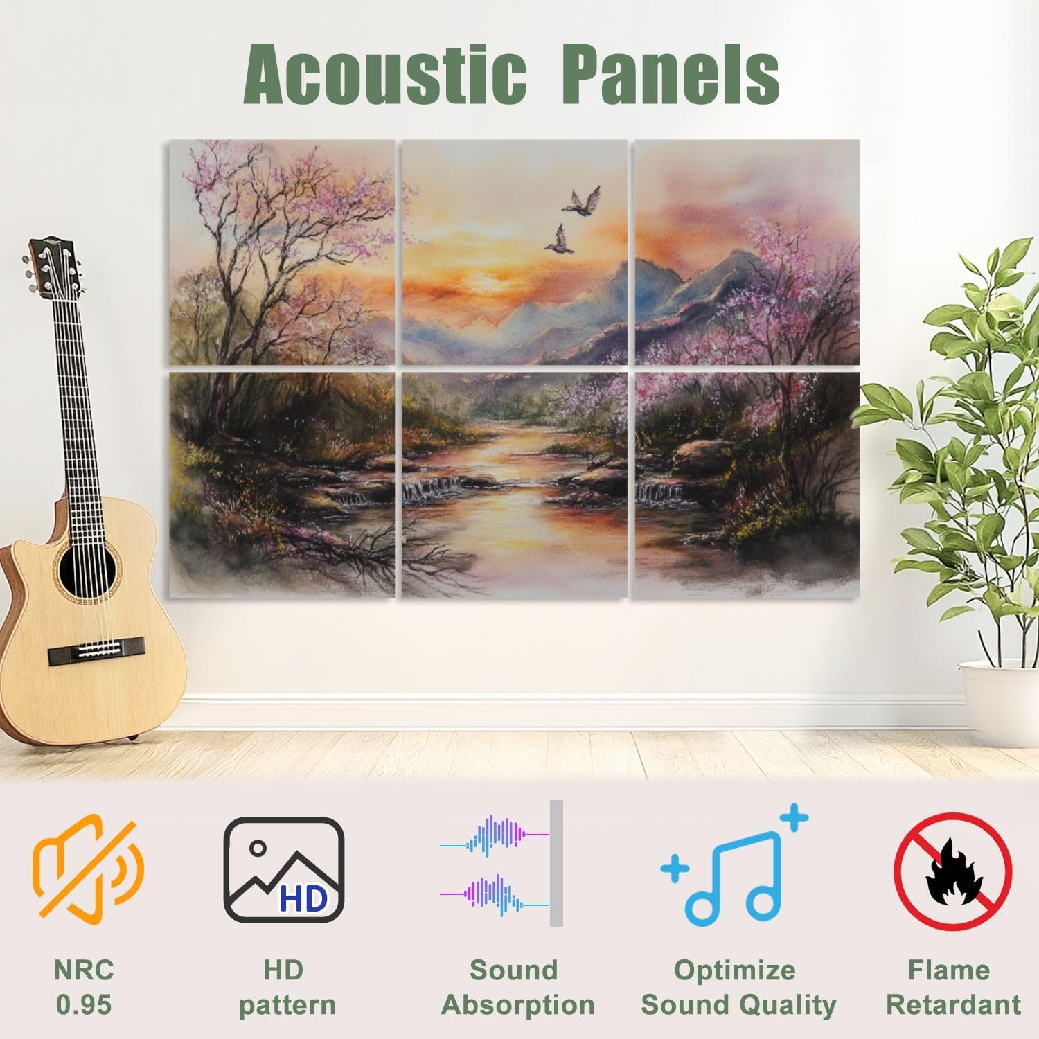 6 Pack Art Acoustic Panels Sound Absorbing Cherry Blossom Trees Mountains Birds Sunset Sky Watercolor Technique Decorative Soundproof Wall Panels Self Adhesive for Recording Studios Office 72