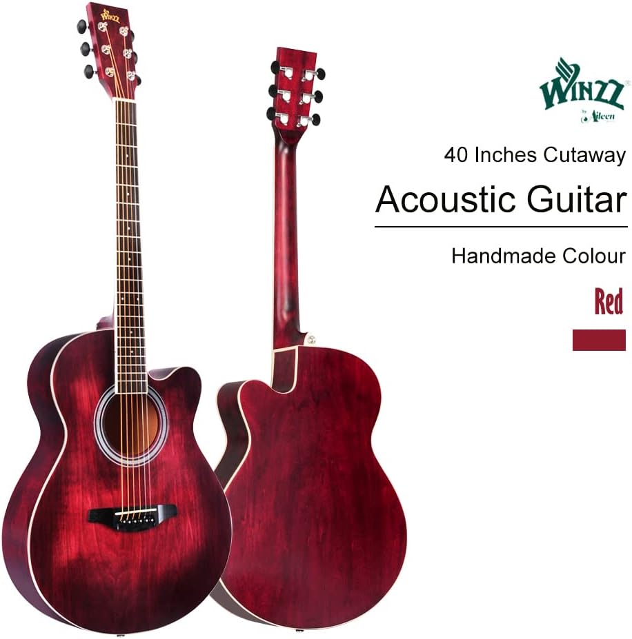 Winzz 40 Inches Acoustic Steel-string Guitar Beginner for Adults Students, Elegant Unique Color Design (Red)