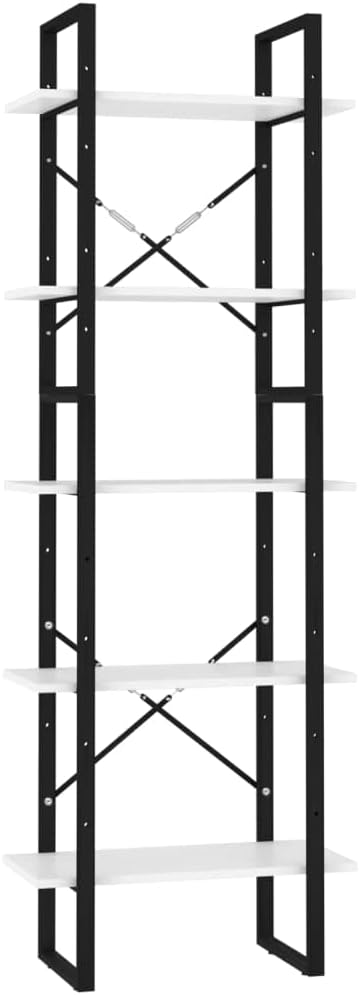 5-Tier Industrial White Bookcase 23.6 x 11.8 x 68.9 in Engineered Wood & Metal Matte Finish Modern Tall Book Shelf for Living Room Home Office Bedroom