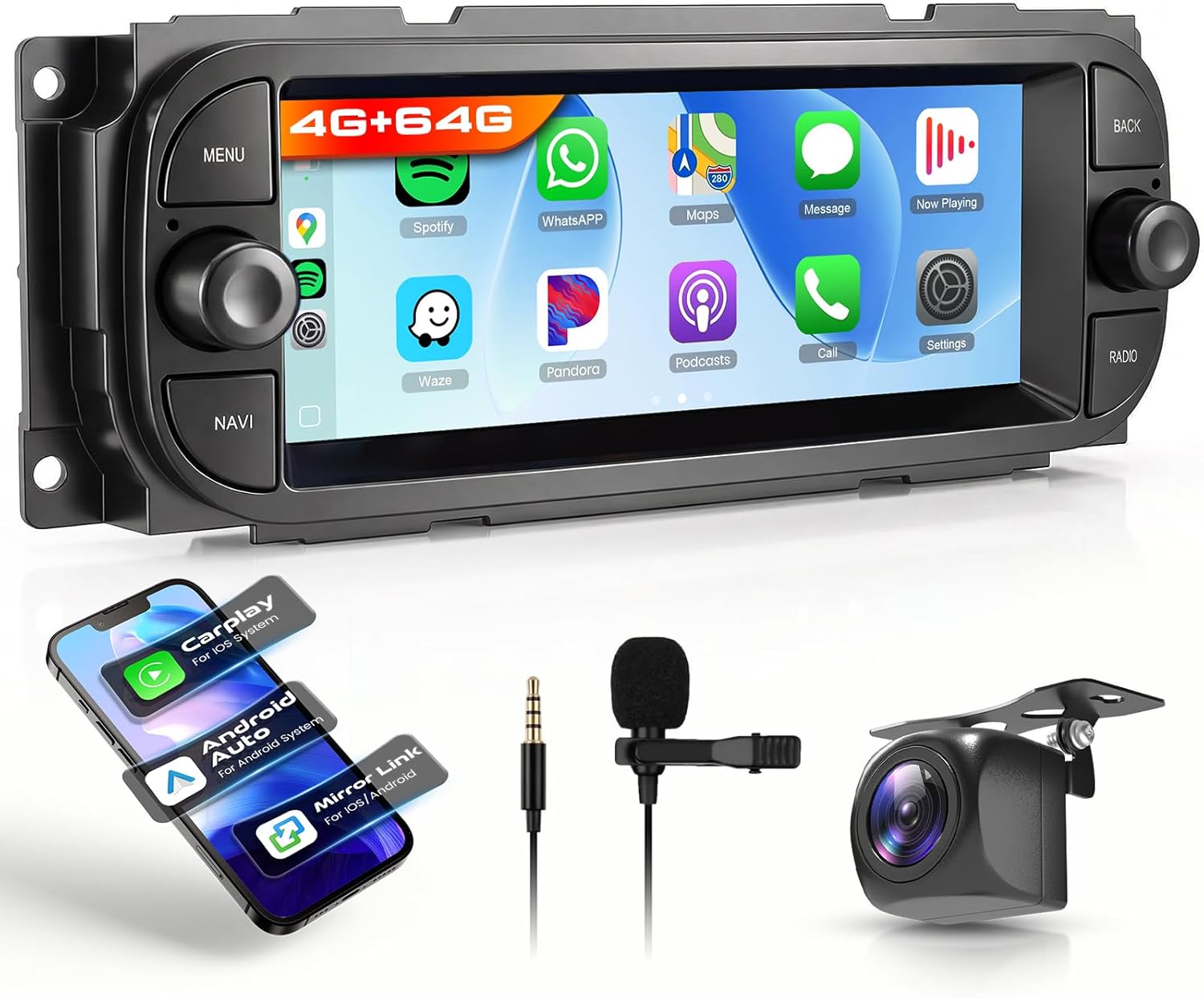 4G+64G Android Car Stereo for Dodge RAM 1500 2500 3500 2002-2006, Jeep Wrangler 2003-2006, Jeep Grand Cherokee 1999-2004 with Wireless CarPlay Android Auto, 6.86” GPS WiFi SWC Bluetooth 32EQ