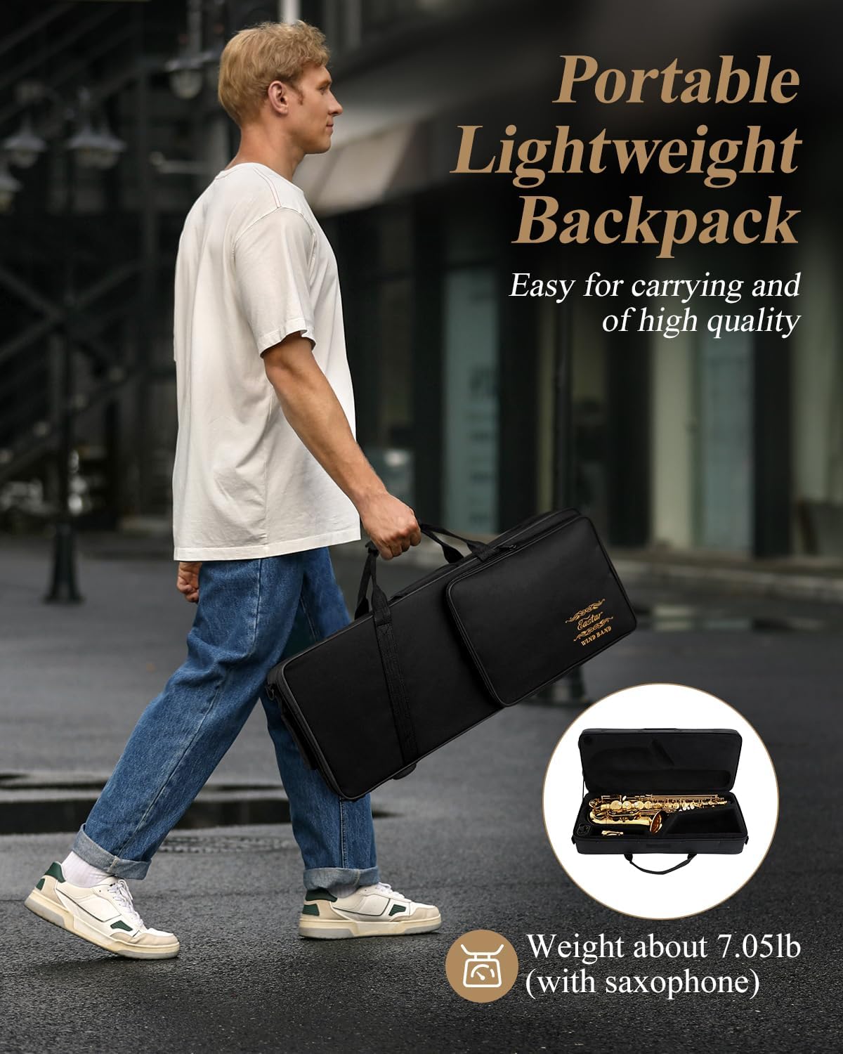 Eastar Student Alto Saxophone E Flat for Beginner Sax Full Kit with Carrying Case, Mouthpiece, Straps, Reeds, Stand, Golden Lacquer, AS-Ⅱ