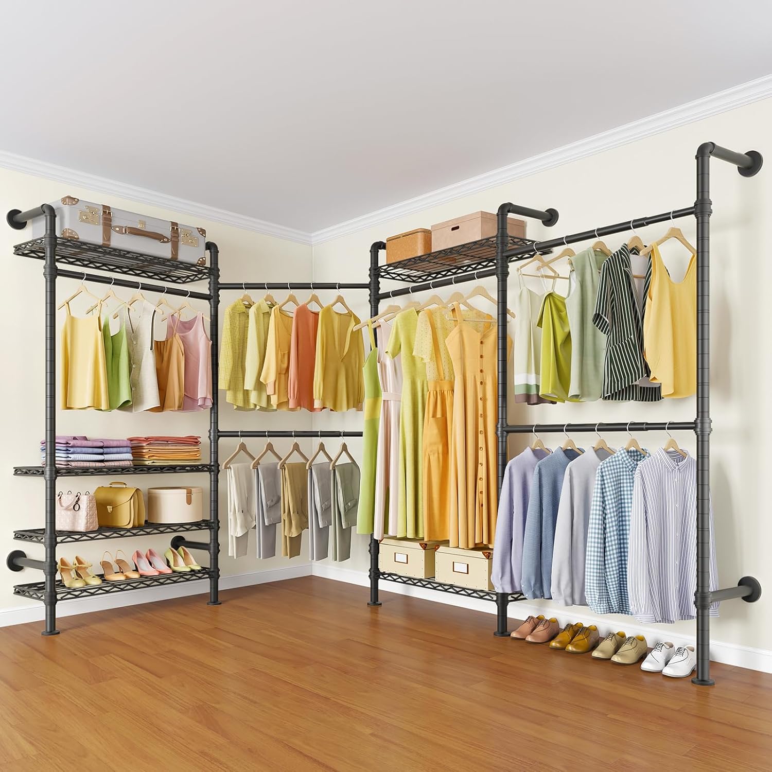 Timate L4 L Shape Garment Rack Heavy Duty Clothes Racks for Hanging Clothes, Expandable Industrial Pipe Clothing Rack Wall Mounted Closet Racks Wardrobe Closet Kit Corner Closet System, Black