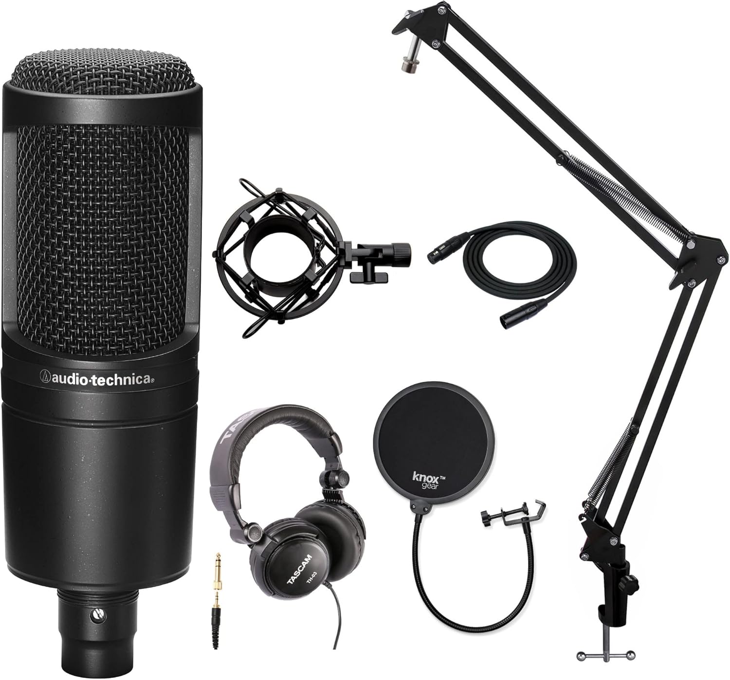 Audio-Technica AT2020 Condenser Studio Microphone with Studio Headphones, Knox Gear Pop Filter, Boom Arm, Shock Mount and XLR Cable