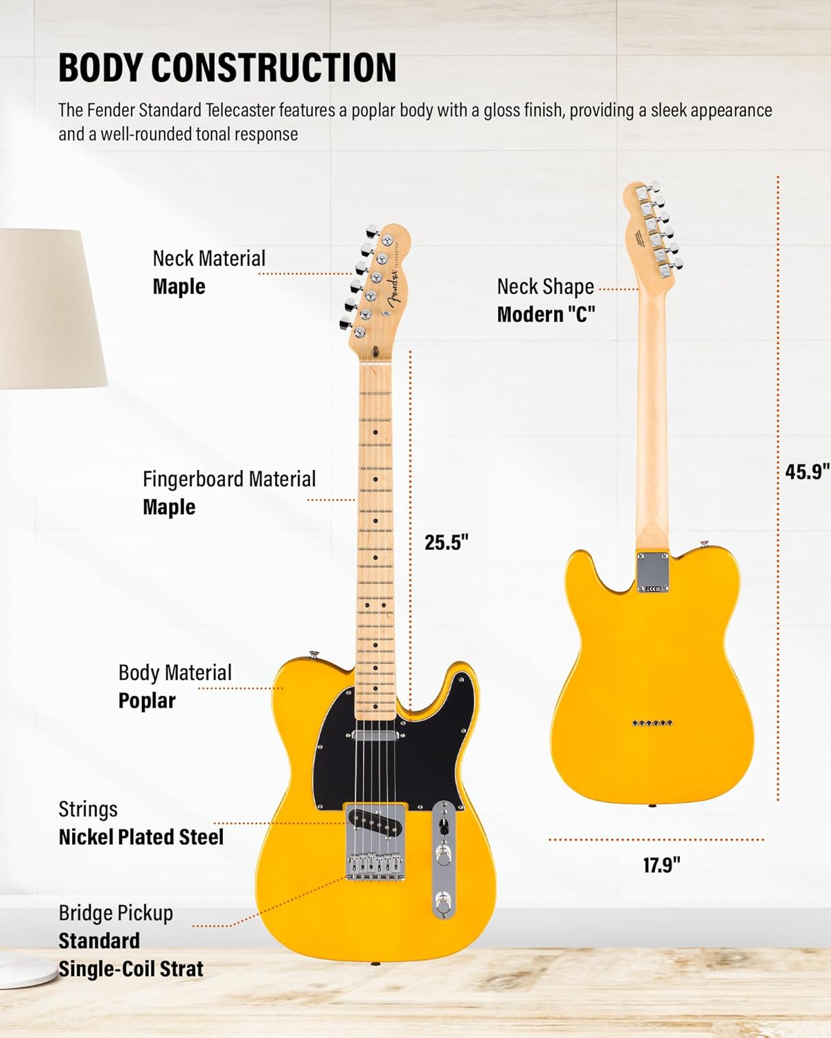 Fender Standard Telecaster - Butterscotch Blonde Bundle with Strap, Guitar Cleaning Kit and Austin Bazaar Instructional Video