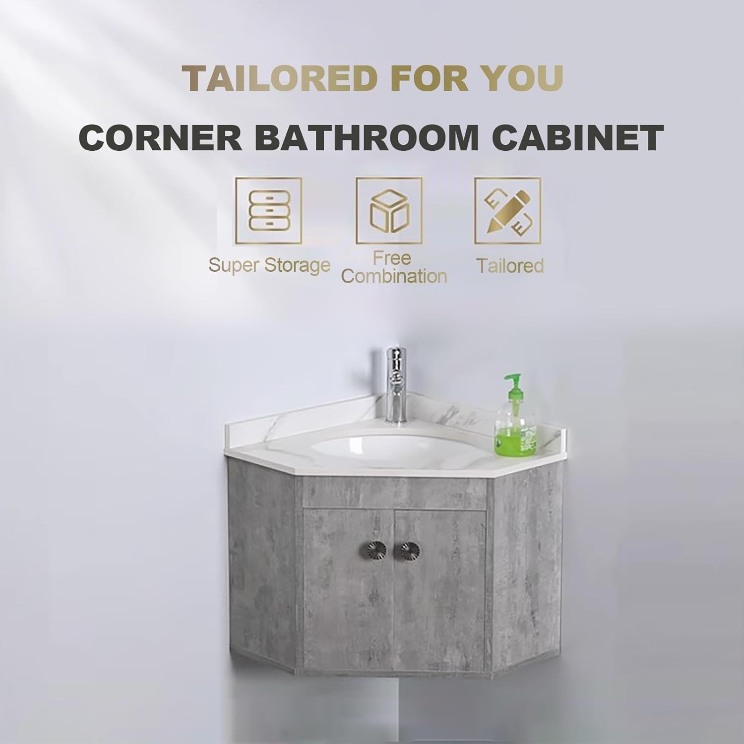 Ceramic Wall Mount Sink Corner Wall Mount Bathroom Sink Modern Pianted Wall Mounted Cabinet Set with Drainer Unit and Cold and Hot Water Pipe Faucet Wall Mount White Triangle Porcelain. ( Color : Gray