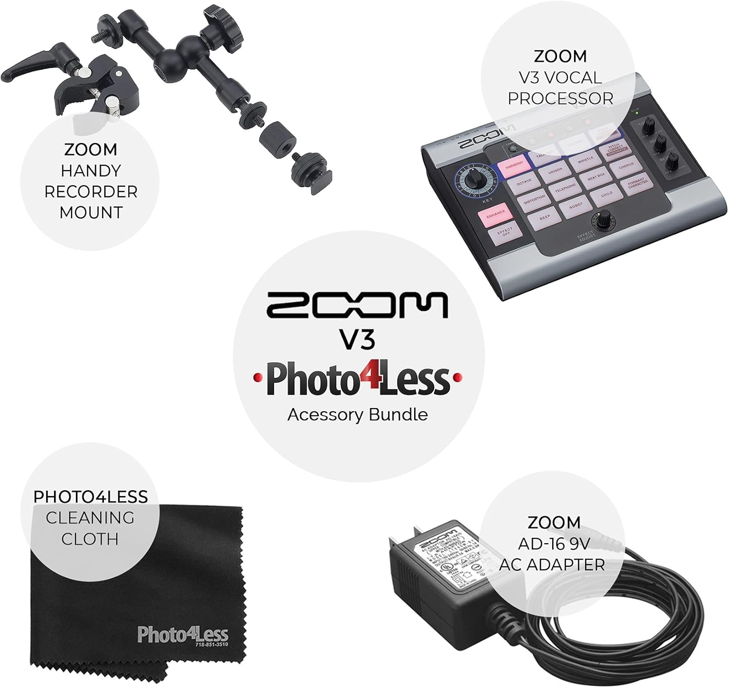 Zoom V3 Vocal Effects Processor For Streaming and Recording + Zoom Handy Recorder Mount + AC Adapter + Cleaning Cloth - Deluxe Bundle