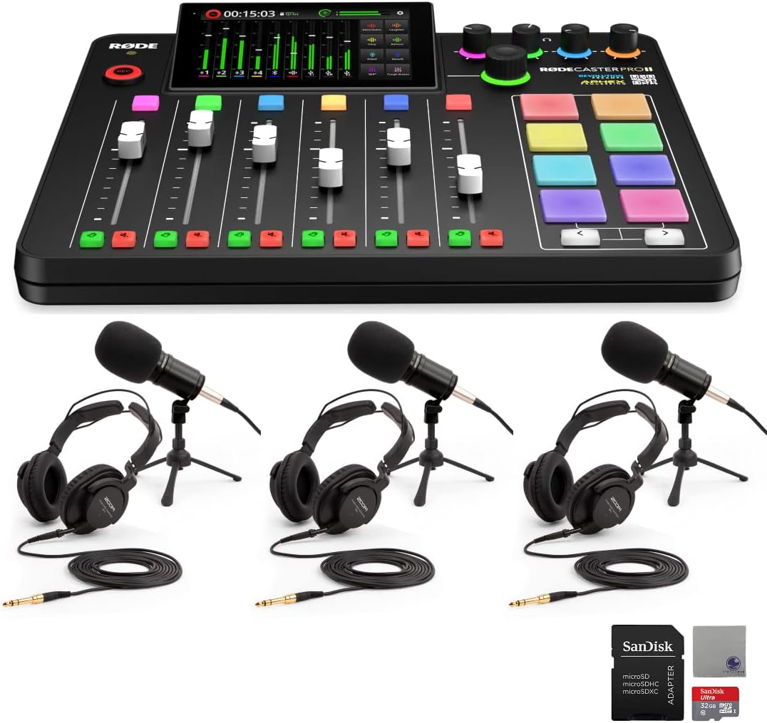 Rode RODECaster Pro II Audio Production Studio Bundle with 3x Zoom ZDM-1 Podcast Mic Packs, 32GB microSD Card and StreamEye Polishing Cloth