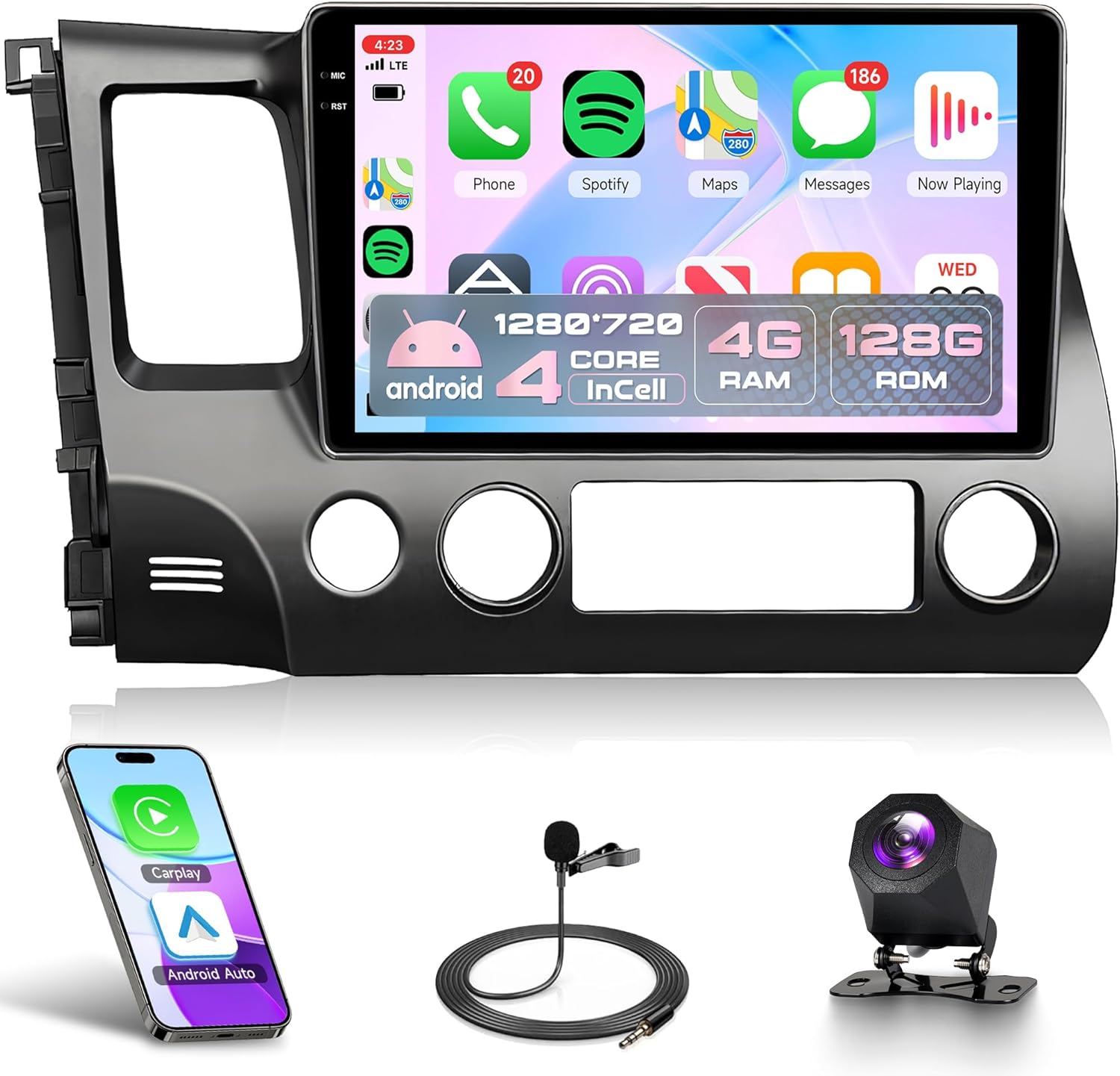 4Core 4G+128G Rimoody Android 15 Car Stereo Radio for Honda Civic 2006-2011,Wireless Carplay Andorid auto Mirror Link 10'' INCELL Touchscreen GPS WiFi Bluetooth 5.0 FM/RDS EQ SWC Backup Camera