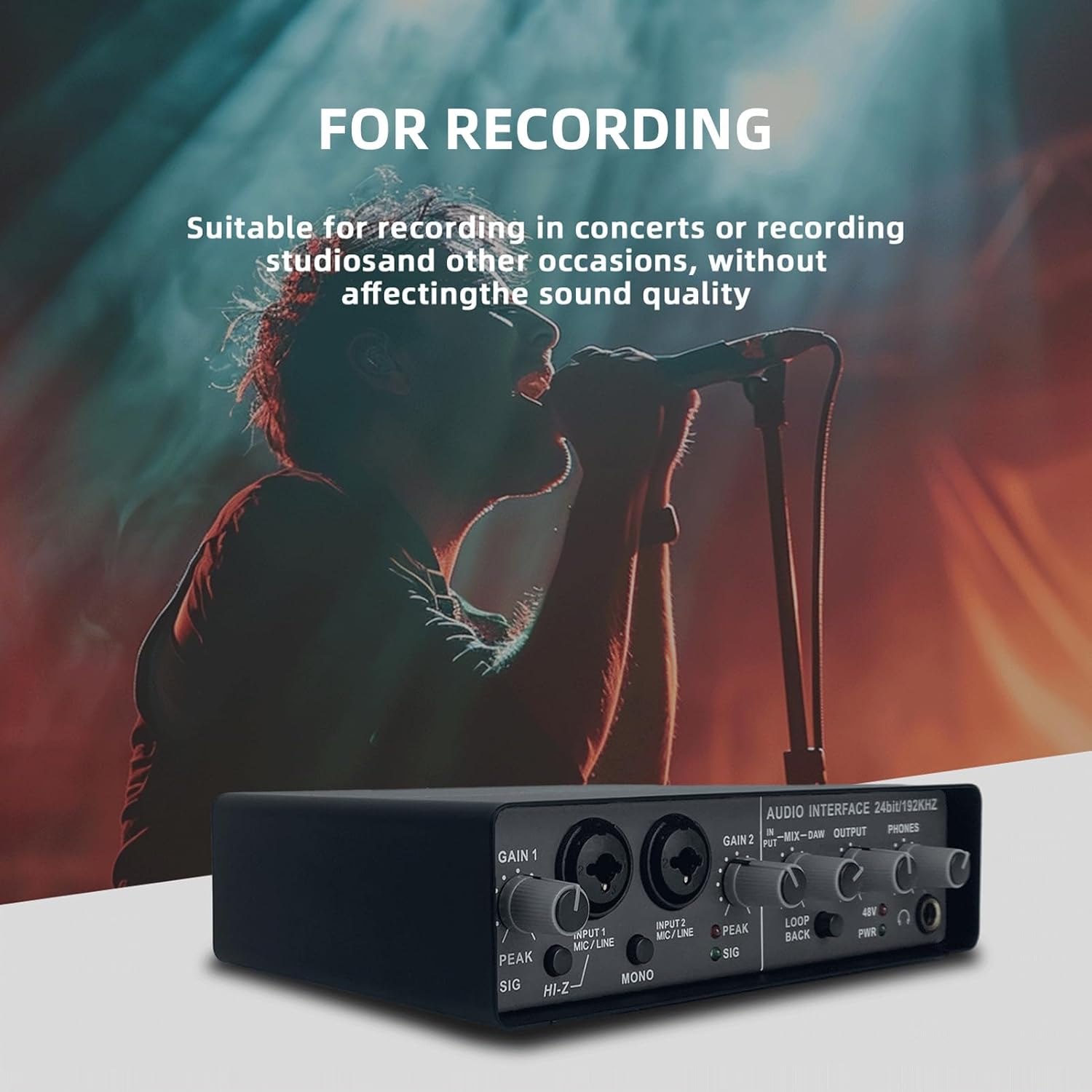 USB Audio Interface for Recording Professional Sound Card with 48V Phantom Power Loopback USB External Sound Card Plug and Play 0-Latency Monitoring for Music Concerts Recording Studios