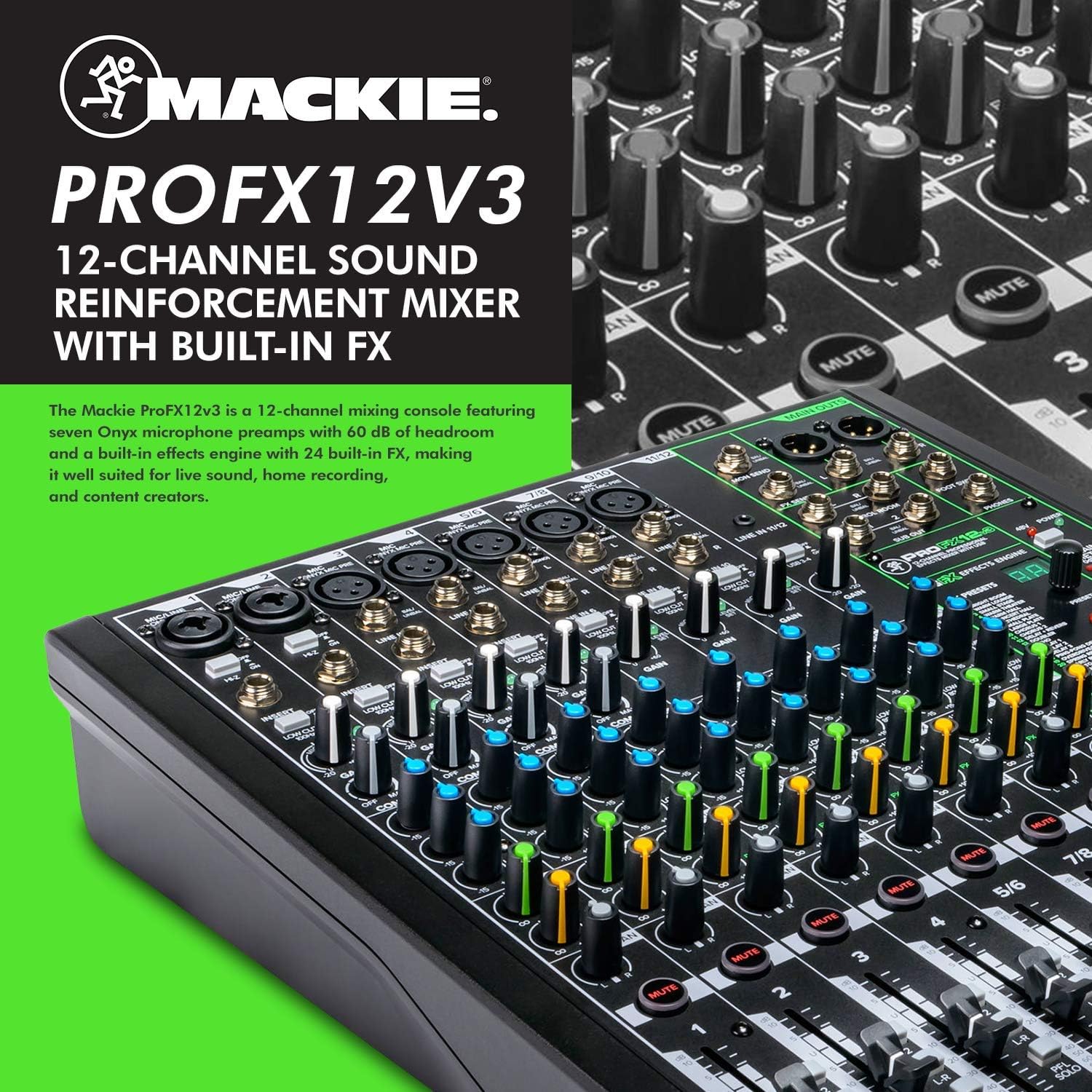 Mackie ProFX12v3 12-Channel Sound Reinforcement Mixer with Built-In FX + Basic XLR/USB/TS/TRS/RCA Cables Bundle & Fibertique Microfiber Cleaning Cloth