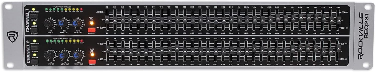 Rockville REQ231 Dual 31 Band 1/3 Octave Graphic Equalizer with Sub-Output, Grey