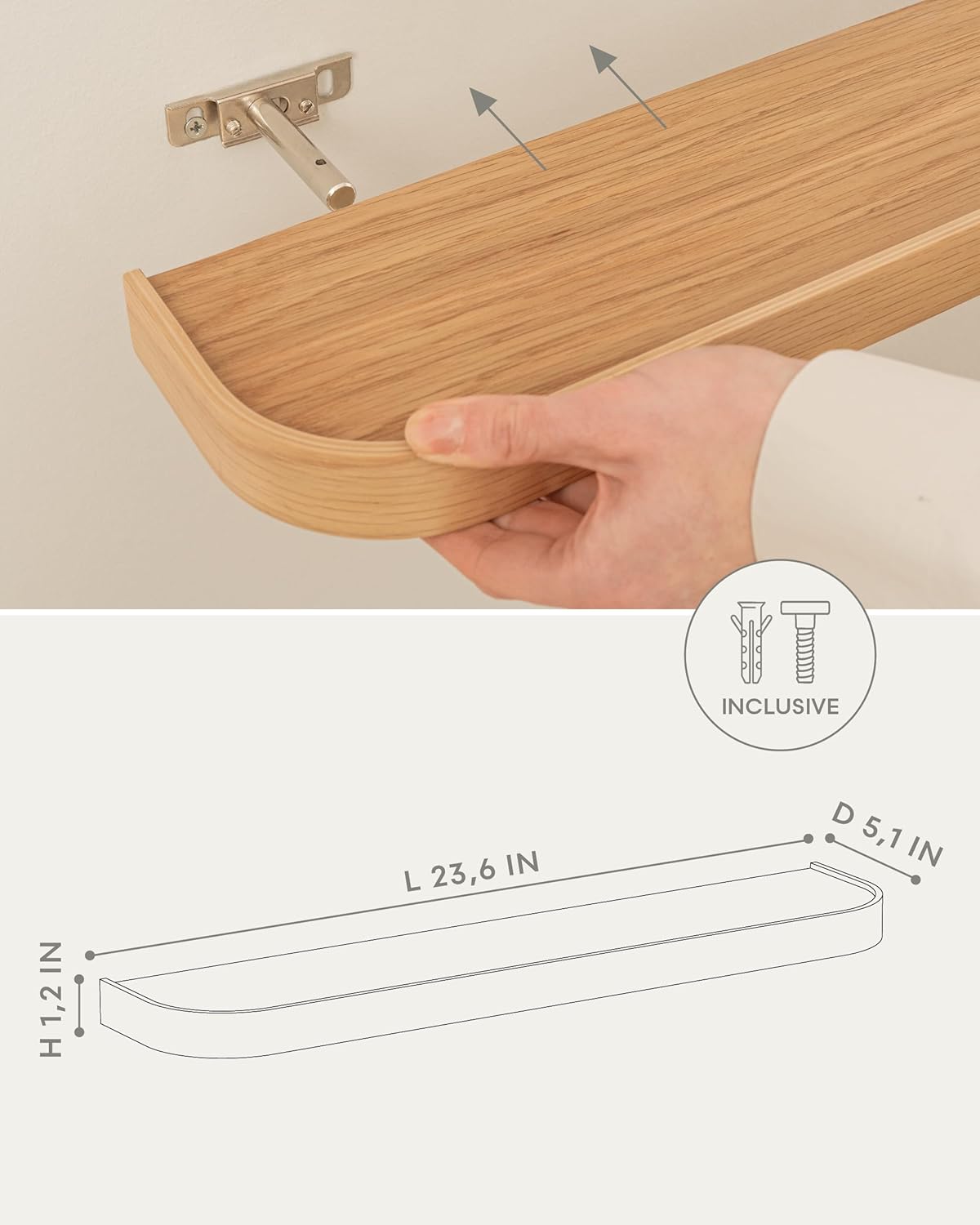 Kazai.® 23.6 inches Floating Shelves for Wall 'Toke' | Set of 2 Small Mounted Wooden Shelf Units | Modern Wall Decor & Storage for Living Room, Bathroom, Kitchen, Bedroom & More | Oak