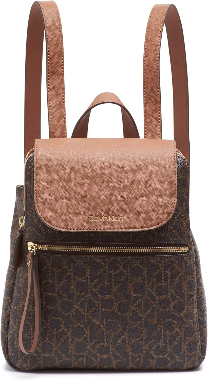 Calvin Klein Women's Elaine Signature Key Item Flap Backpack, Brown/Khaki/Luggage Saffiano, One Size