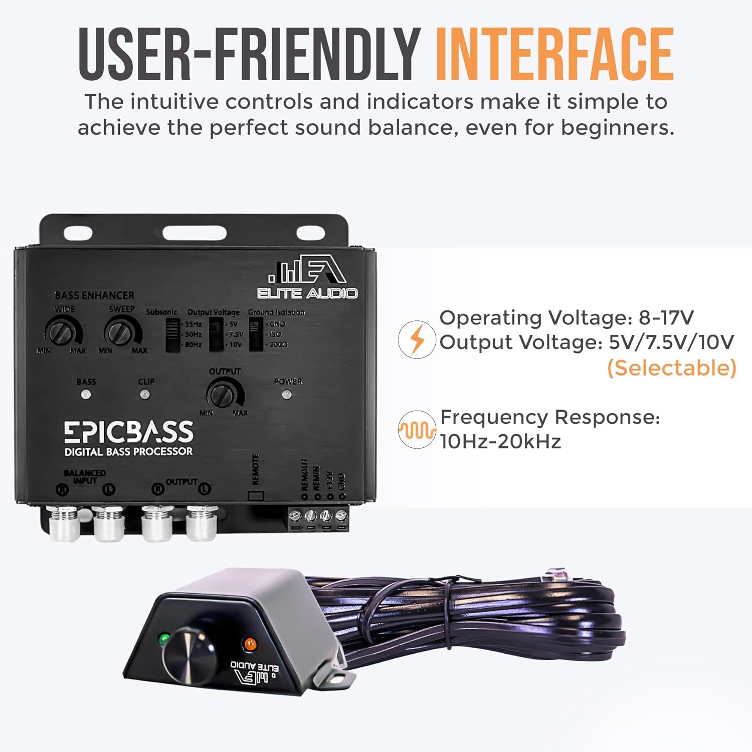 Elite Audio Epic Bass Digital Bass Restoration Kit - Epic Bass Processor with 3ft. & 17ft. Oxygen Free RCA Cables - Boosted Bass Performance, Remote Bass Control
