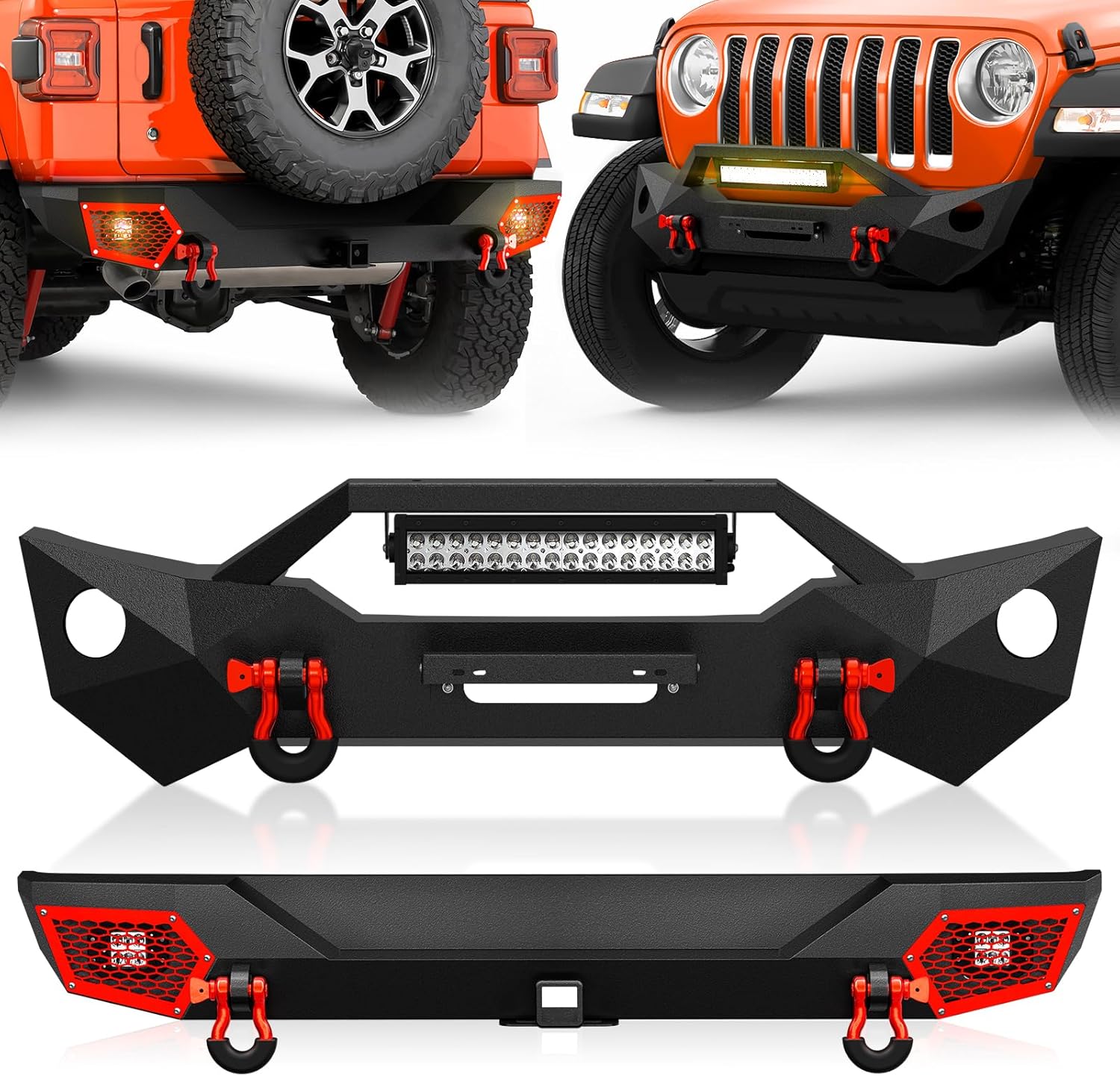 SUORTO Front & Rear Bumper Compatible with 2018-2026 Jeep Wrangler JL JLU Unlimited w/Winch Plate, Paintable Armor, License Plate Bracket, 2