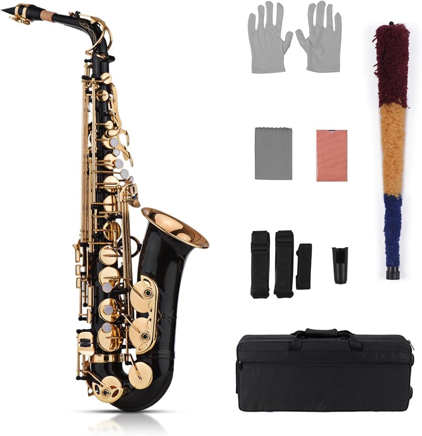 Sax Beginners Kit EB Alto Saxophone Sax Brass Lacquered Gold 82Z Key Type with Carry Case Gloves Cleaning Cloth Brush Sax Straps Reeds Wind Instrument