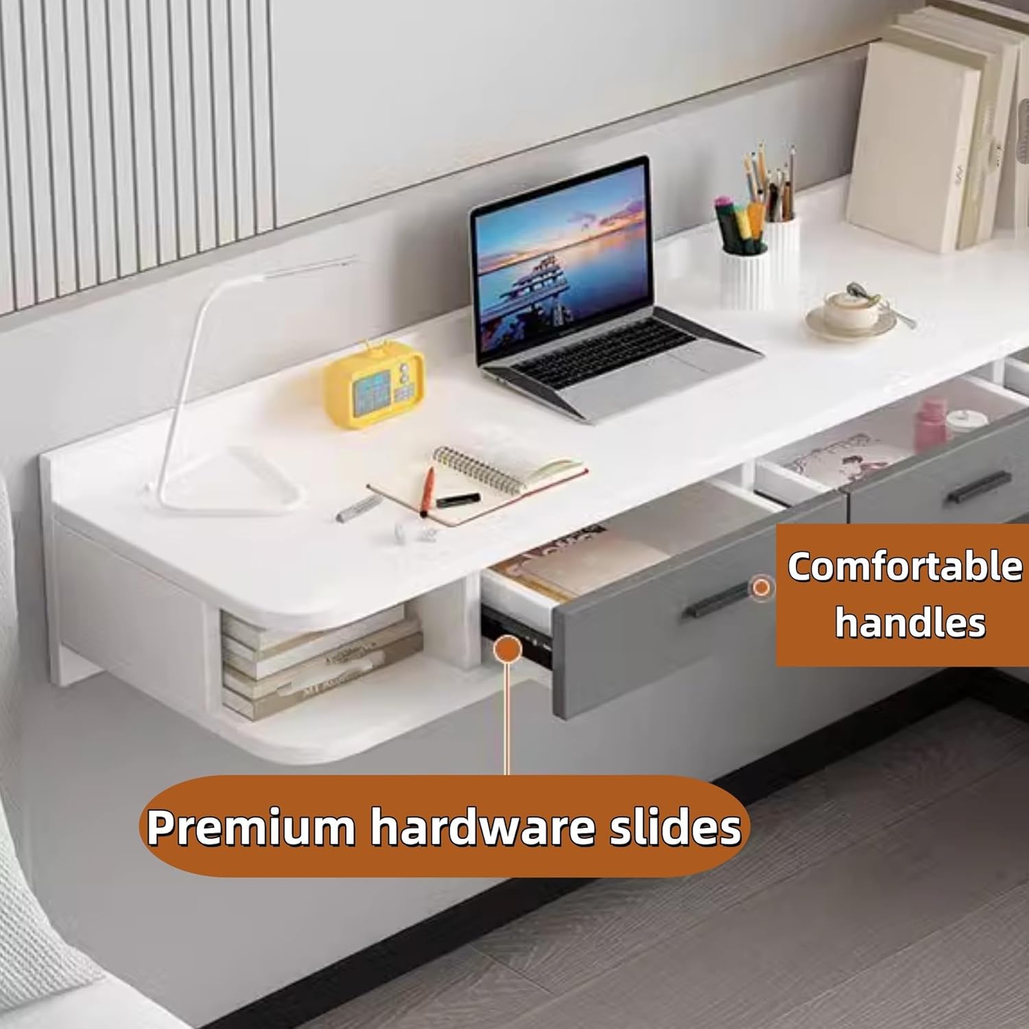 Floating Wall Mount Computer Desk, Wooden Floating Shelf with Drawer, Modern Vanity Desk for Bedroom, Living Room, Office(Gray,23.6x15.7x9.8in)