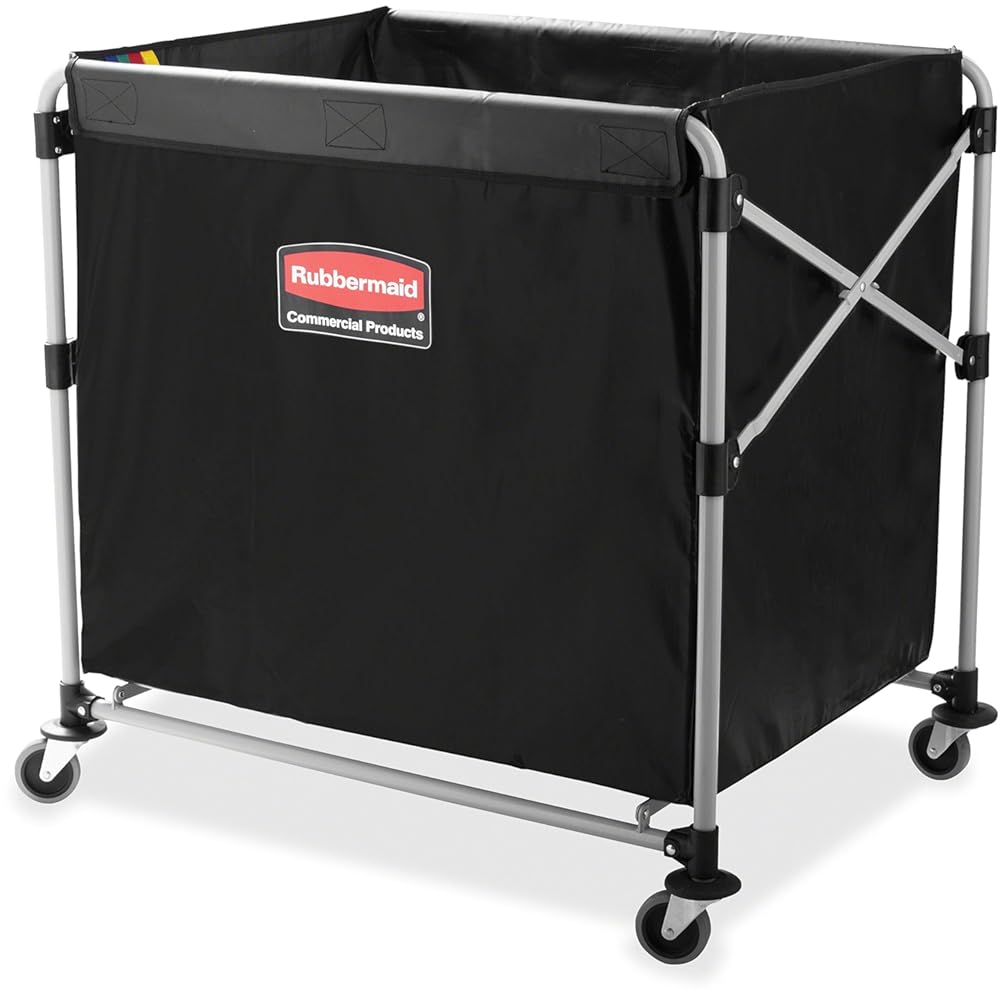 Rubbermaid Commercial Products, Collapsible X Cart, Black, Steel 8 Bushel Bin, Commercial Laundry Cart with Wheels for Hotel/Nursing Home/Home/College Easily Move Laundry/Supplies/Groceries