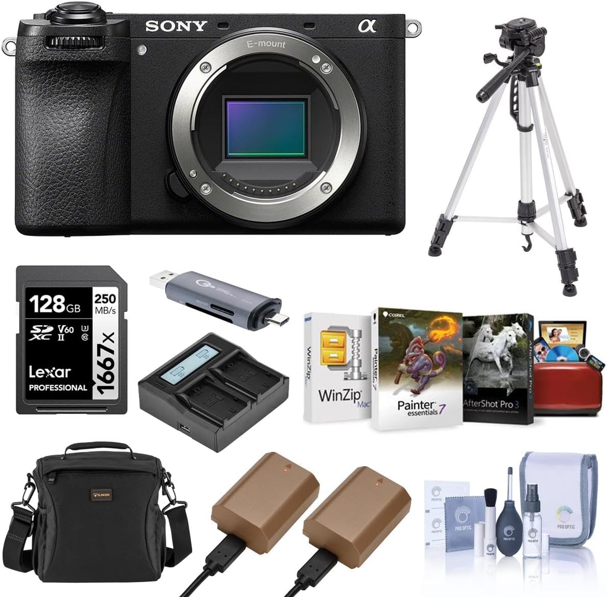 Sony Alpha a6700 Mirrorless Camera Body Bundle with Shoulder Bag, 128GB SD Card, Card Reader, Corel Mac & PC Software Kit, 2x Extra Battery, Charger, Tripod, Cleaning Kit