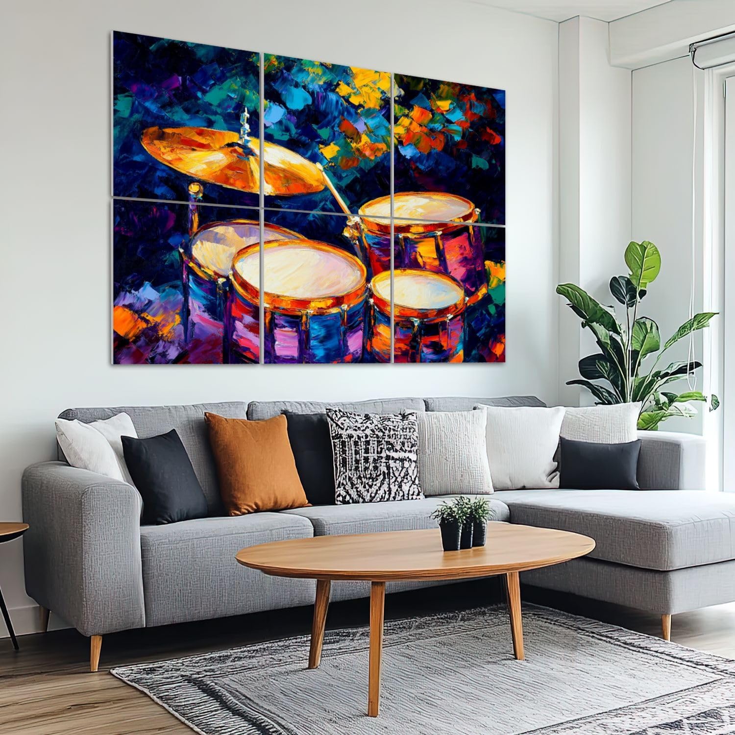 6 Pack Art Acoustic Panels Sound Absorbing Music Drum Set Abstract Cymbals Background Colorful Musical Instrument Decorative Soundproof Wall Panels Self Adhesive for Recording Studios Office 72