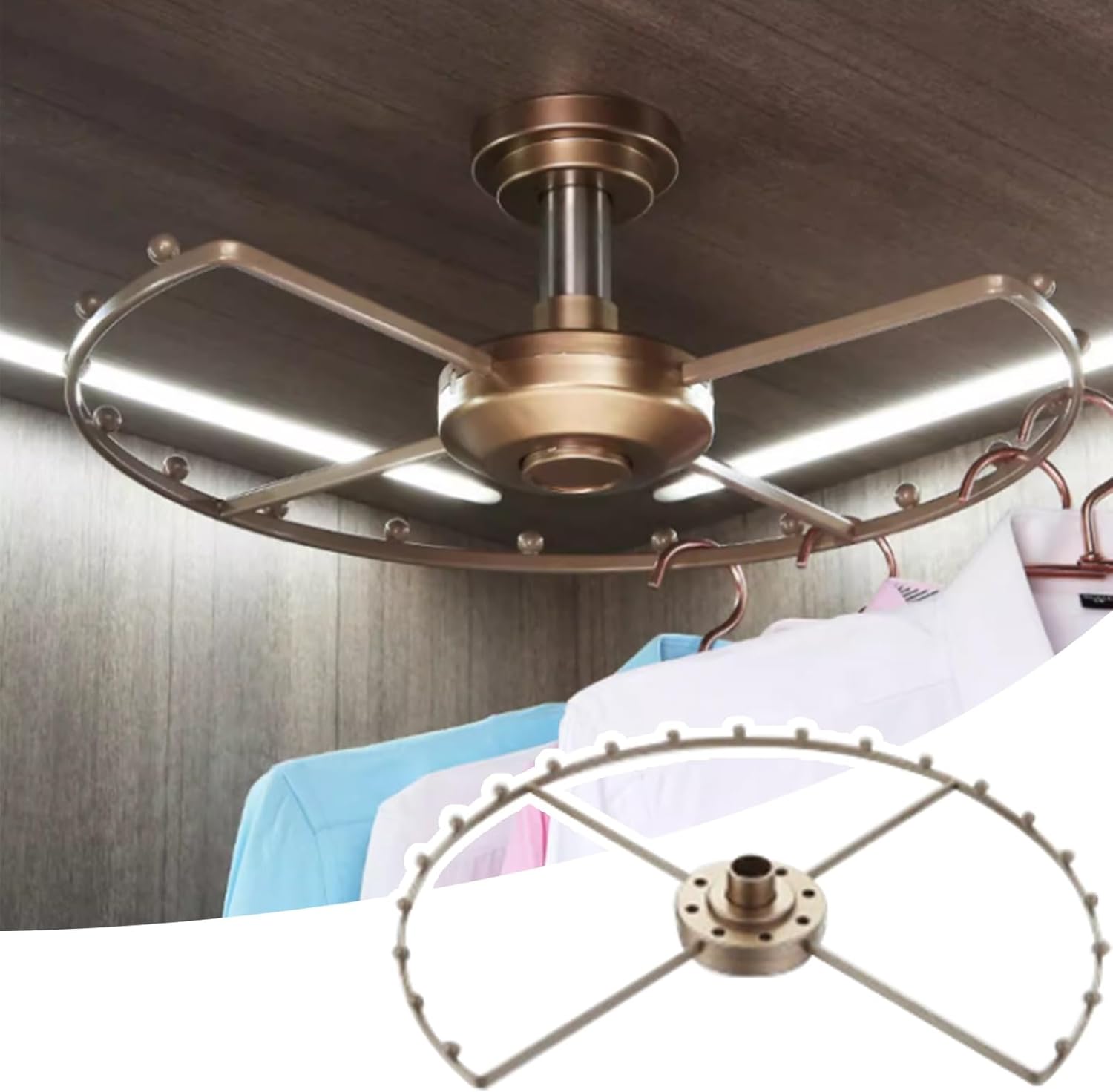 Armoire Wardrobe Closet with Hanging Rod for A Corner Wall, Rotatable Closet Bracket for 90 Degrees Wall, Round Coats Organization Holders(Gold,Small)