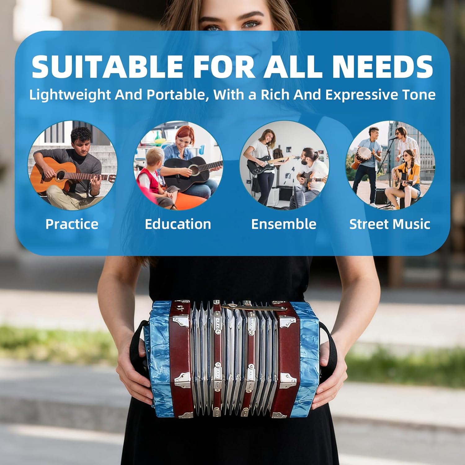 Concertinas,20-key accordion for adults, professional accordion for beginners, adjustable hand straps, instrument accessories (BULE-1)