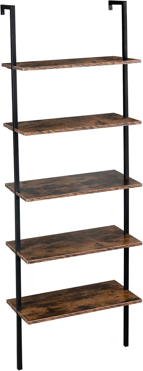 Vintage Open Ladder Wall-Mount Shelf, 5 Tier Bookcase with Metal Frame