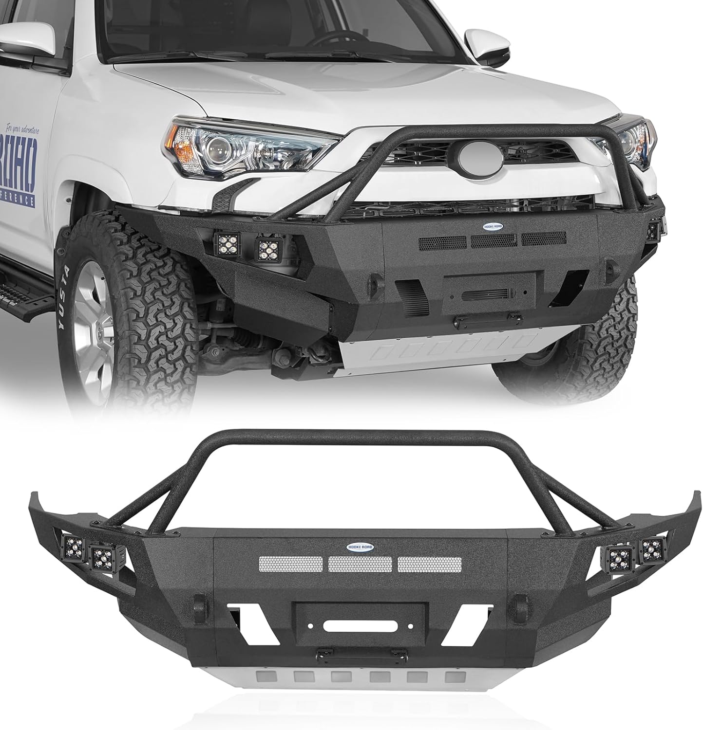 Hooke Road 4Runner Front Bumper Full Width Bumper Guard for 2014-2024 Toyota 4Runner, Overland Steel Bumper w/Winch Plate, Bull Bar & LED Lights