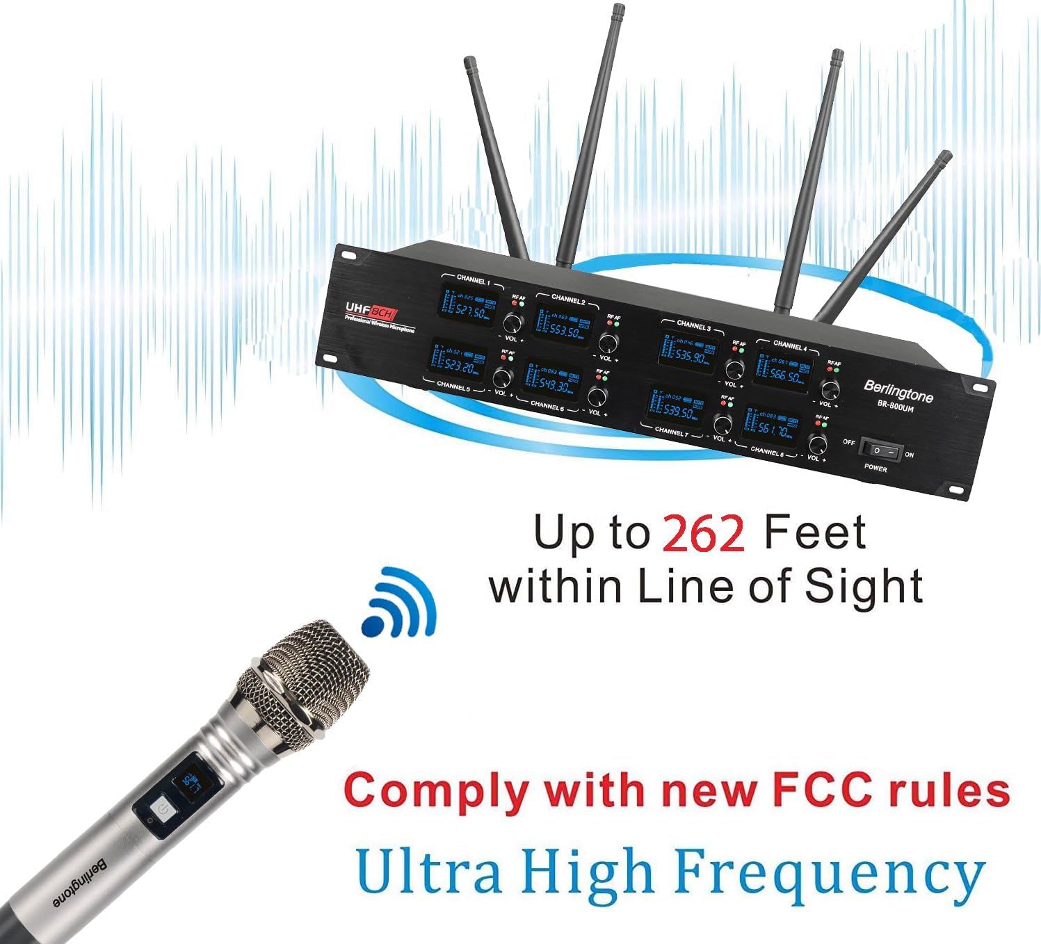 Berlingtone) 8-Channel UHF Wireless Microphone System Cordless Mic with Metal Handheld, Fixed Frequency Channel, Dynamic Microphone for Karaoke, Church, Singing, DJ, 262ft Range (BR-800UM)