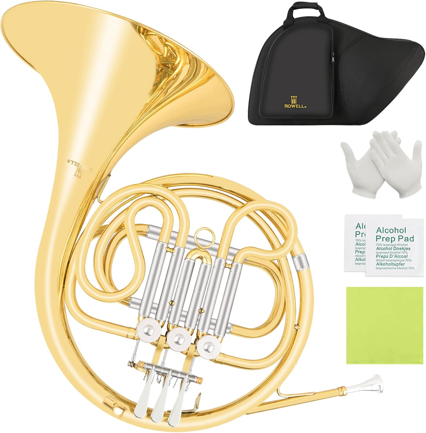 ROWELL Single French Horn 3 Keys Gold Lacquer F Horn with Case, Mouthpiece, Gloves and Polishing Cloth