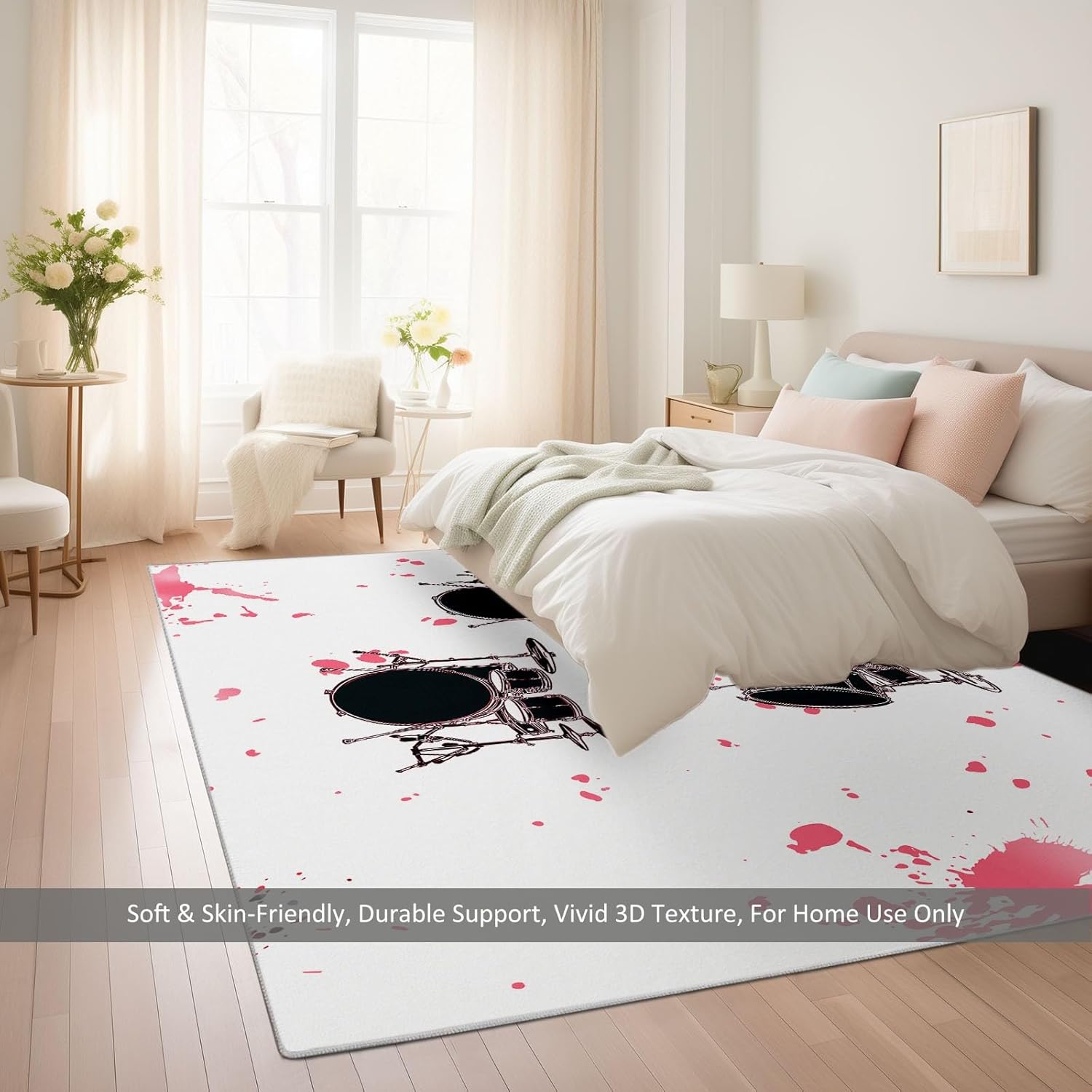 White Machine Washable Area Rug, Musical Instrument Drum Pattern Soft Area Rug - Non Slip Stain Resistant Low Pile Carpet with Non Slip Backing 5 x 6 ft for Living Room Bedroom Playroom