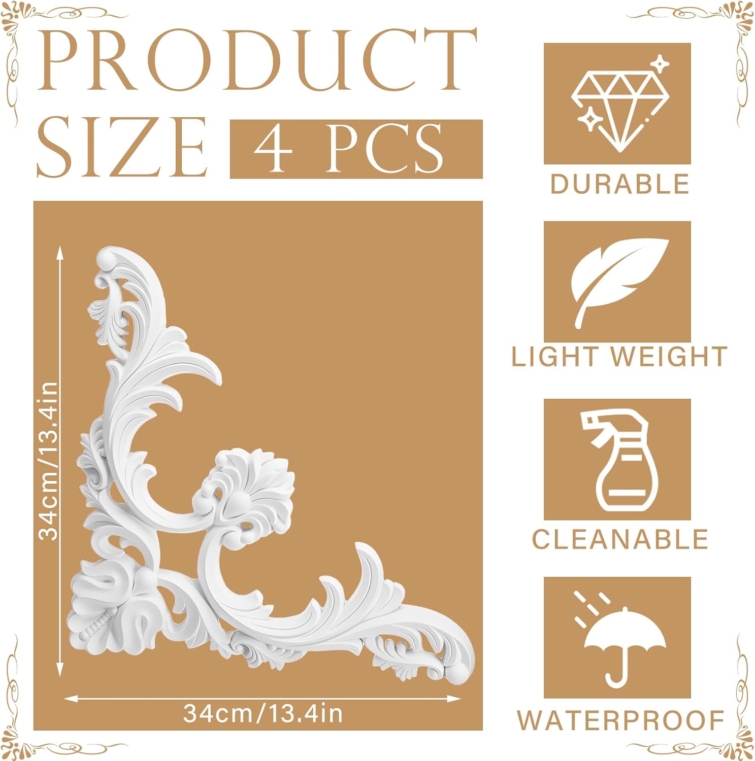 4 Pcs Ceiling Molding Kit Corners Murals Trim French Style Accent Wall Decor for Interior Medallion Ceiling with Flowers Pattern Decorative Panels for Wall (13.4 x 13.4 in,Classic)