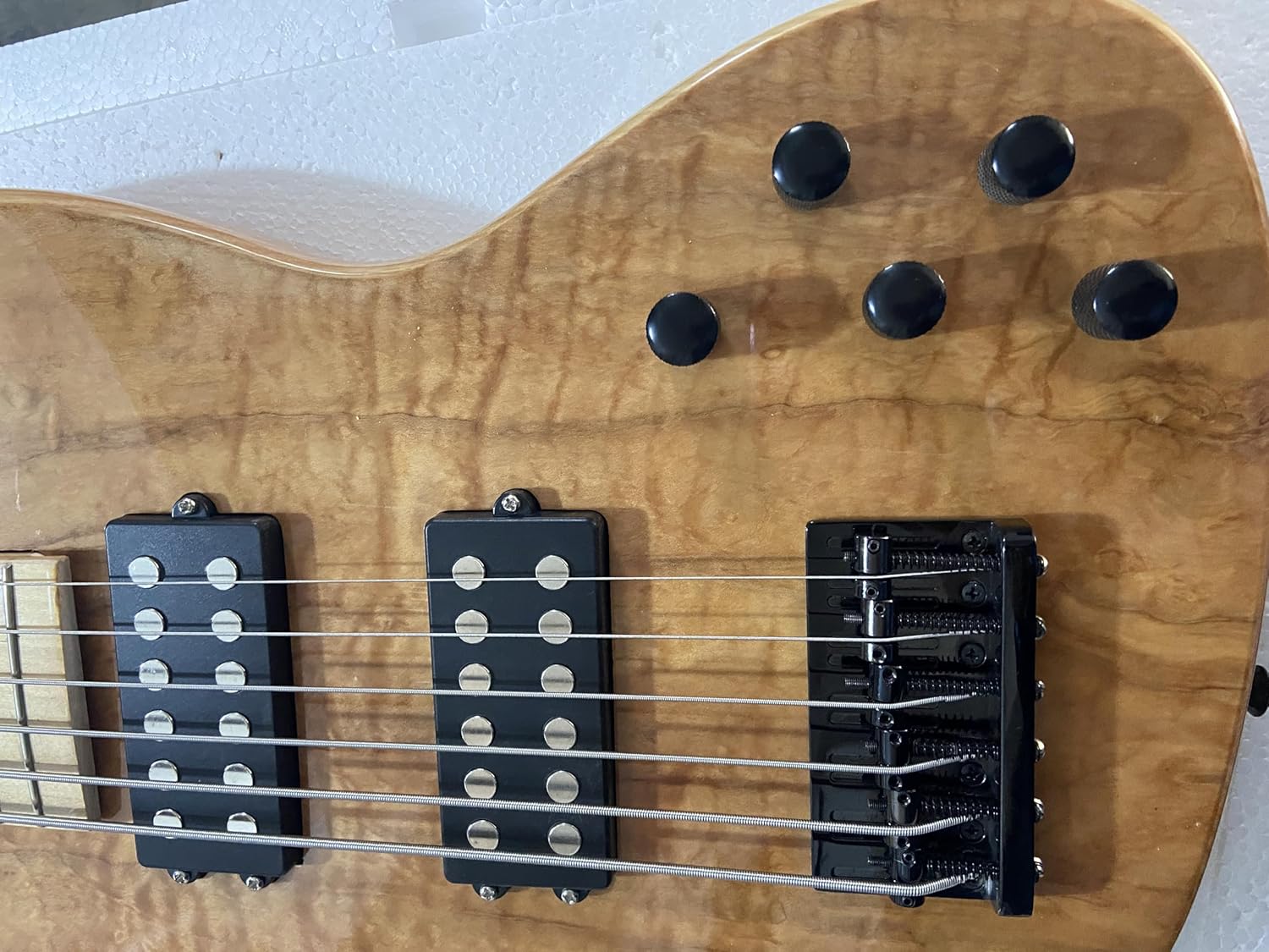 Custom Wood Color Jazz Bass, Solid Ash Body With Quilted Maple Veneer,Active HH PickupS, 6 Strings,Black Hardware