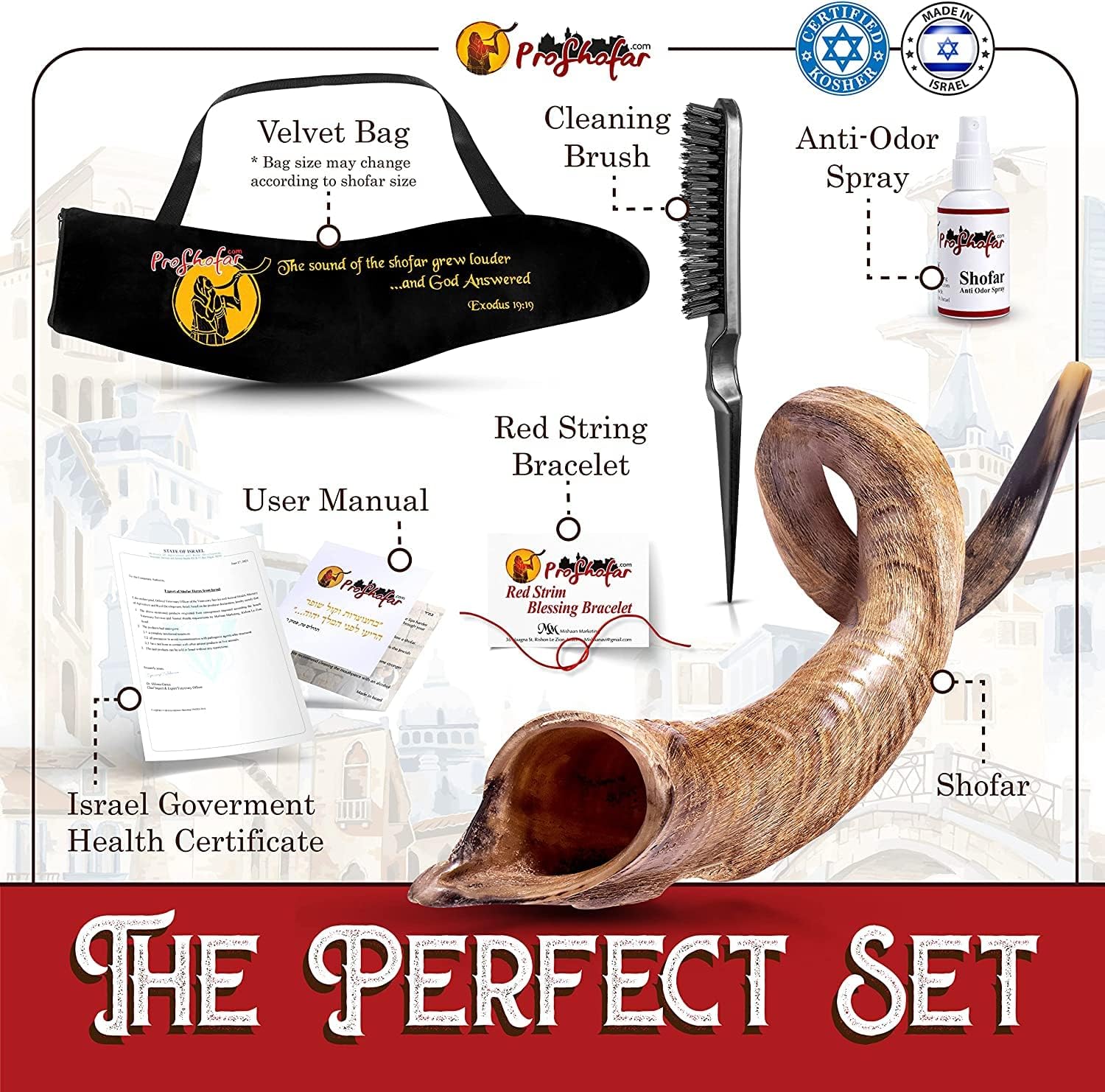 Israel Shofar Set, Natural Kudu Horn Shofar, Kosher Yemenite Traditional Musical Instrument for Jewish Spiritual Ceremonies and Religious Sermons