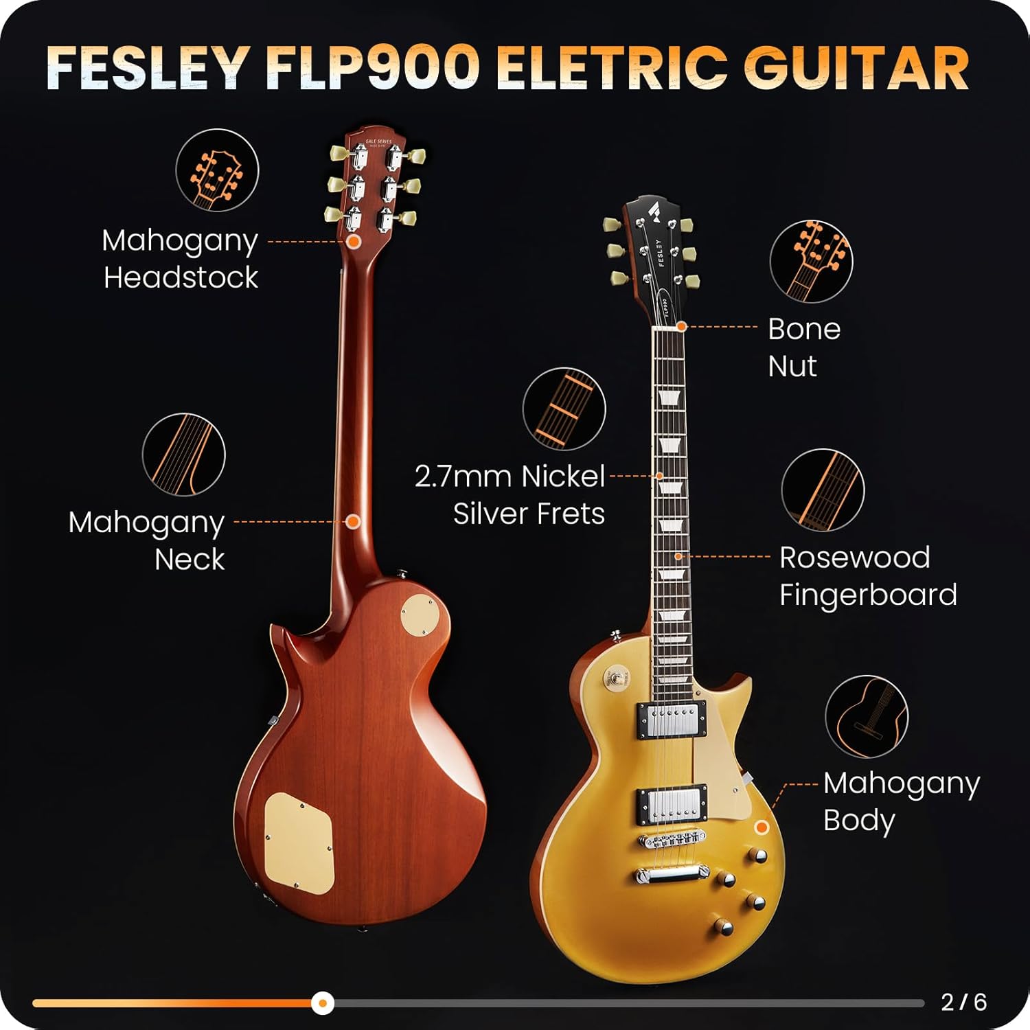 Fesley LP Electric Guitar with Arched Top Gold+Fesley Mini Guitar Amp 10W Portable Recharged Guitar Amplifier