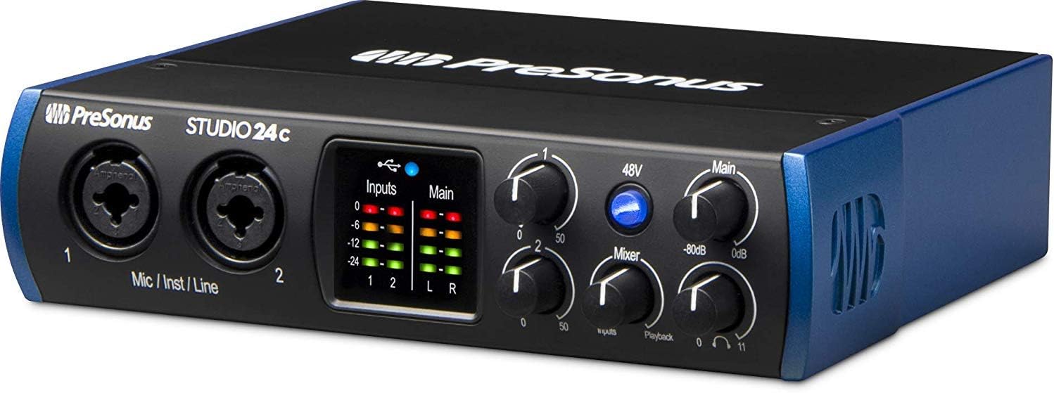 PreSonus Studio 24c 2x2 USB Type-C Audio/MIDI Interface with Studio One Artist Software Pack w/Eris 3.5 Pair Studio Monitors and PreSonus PD-70 Vocal Dynamic Microphone with XLR Cable