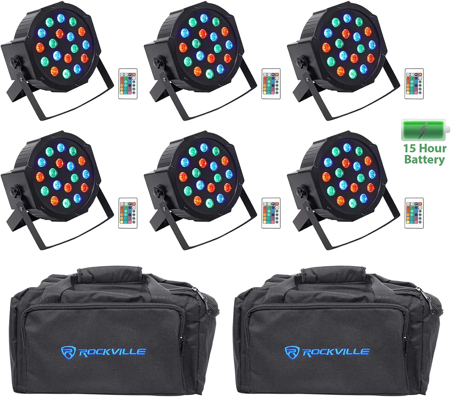 (6) Rockville Battery PAR 50 Rechargeable LED DMX DJ Wash Up-Lights+Remotes+Bags