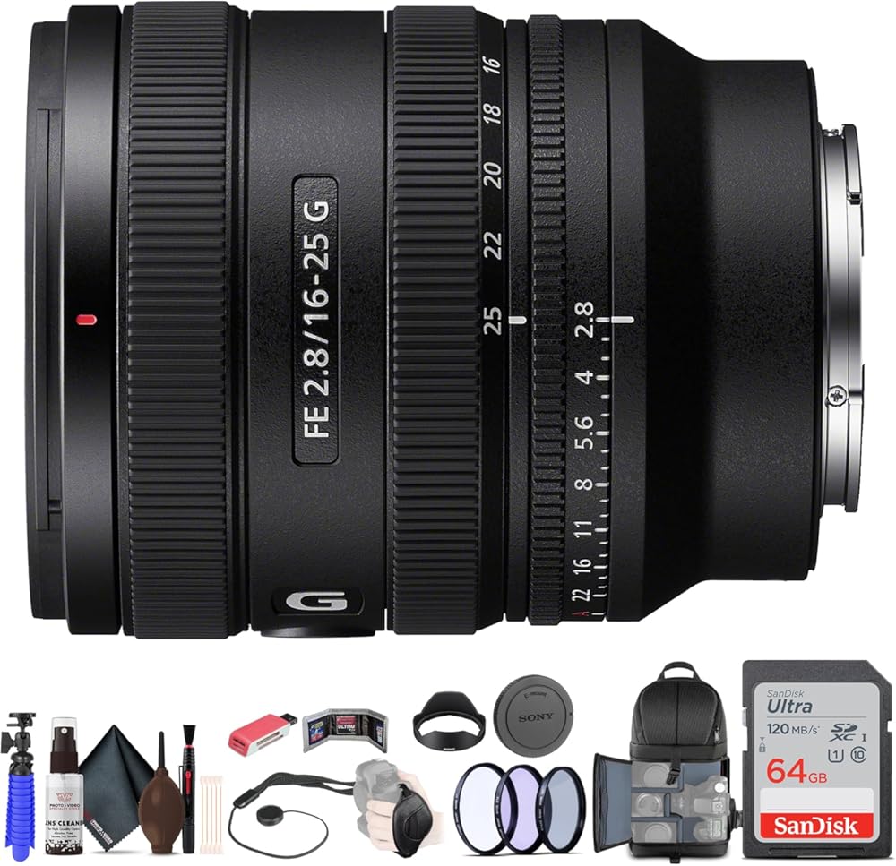 Sony FE 16-25mm F2.8 G Wide-Angle Zoom Lens (SEL1625G) – Compact for Full-Frame E-Mount | + 64GB Card + Filter Kit + Backpack + Flexible Tripod + Cap Keeper + Cleaning Kit +More